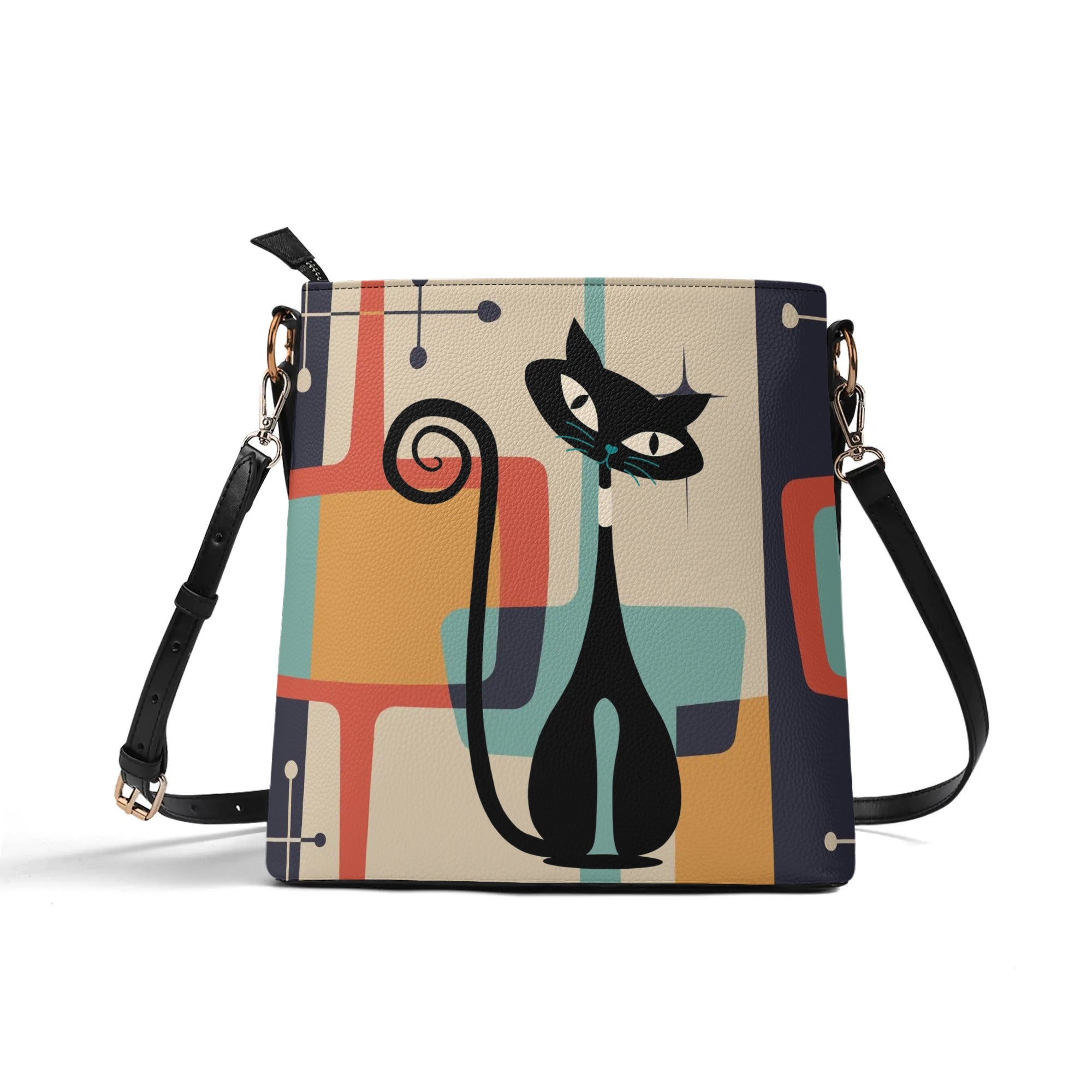 Mid Century Modern Atomic Cat Shoulder Bag, Bucket Purse, Teal, Burnt Orange Mustard Yellow, Hip Retro Womens Purse - Mid Century Modern Gal