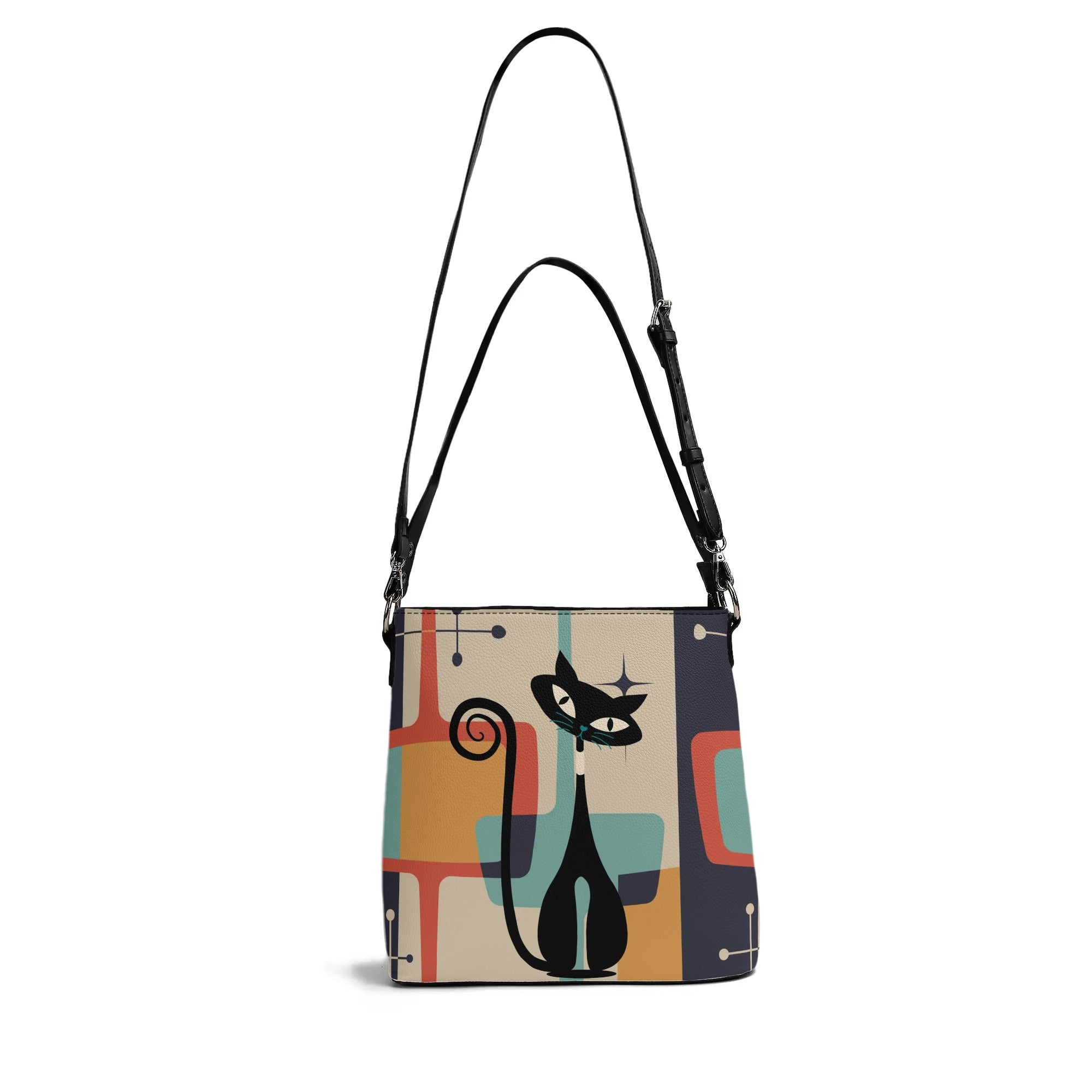 Mid Century Modern Atomic Cat Shoulder Bag, Bucket Purse, Teal, Burnt Orange Mustard Yellow, Hip Retro Womens Purse - Mid Century Modern Gal