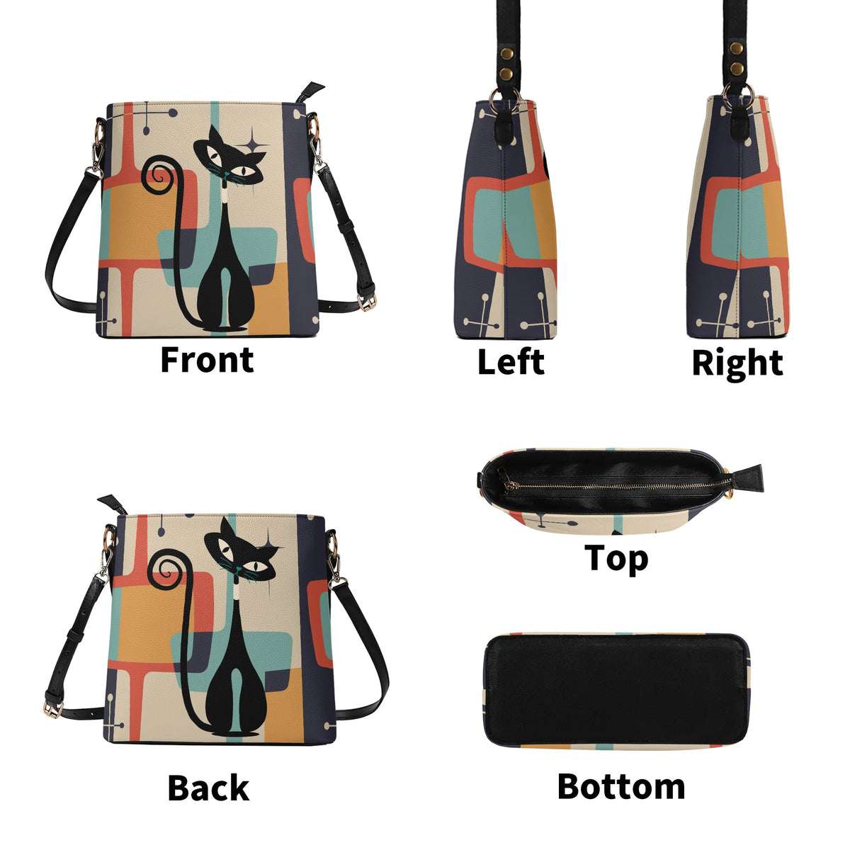Mid Century Modern Atomic Cat Shoulder Bag, Bucket Purse, Teal, Burnt Orange Mustard Yellow, Hip Retro Womens Purse - Mid Century Modern Gal