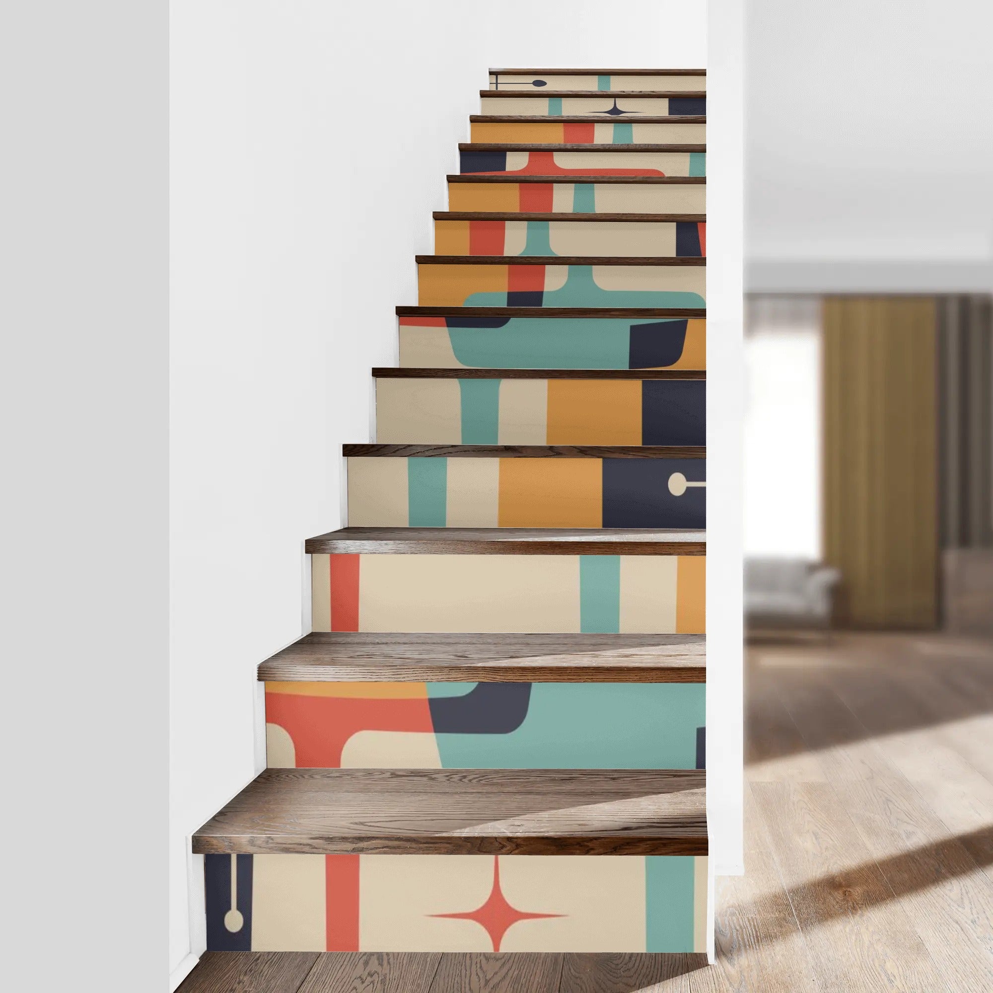 Mid Century Modern Geometric Retro Teal, Mustard Yellow, Burnt Orange, 13Pcs Peel And Stick Stair Risers - Mid Century Modern Gal