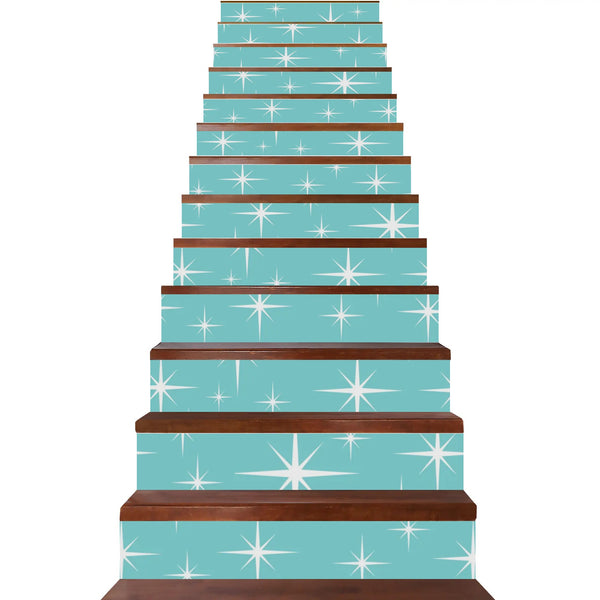 Atomic Starbursts, Aqua Blue Mid Century Modern Peel And Stick 13Pcs Stairs Riser Stickers