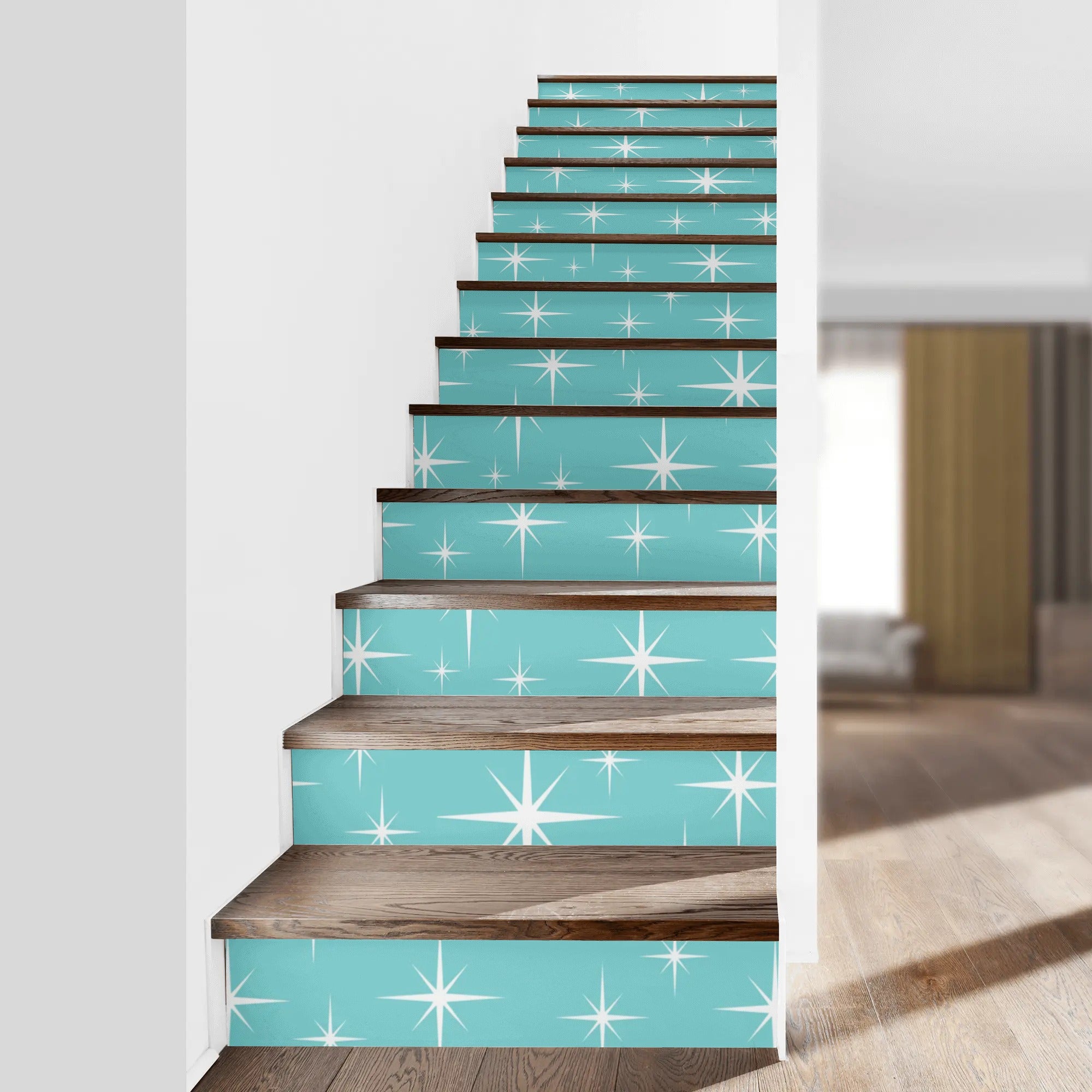 Atomic Starbursts, Aqua Blue Mid Century Modern Peel And Stick 13Pcs Stairs Riser Stickers - Mid Century Modern Gal
