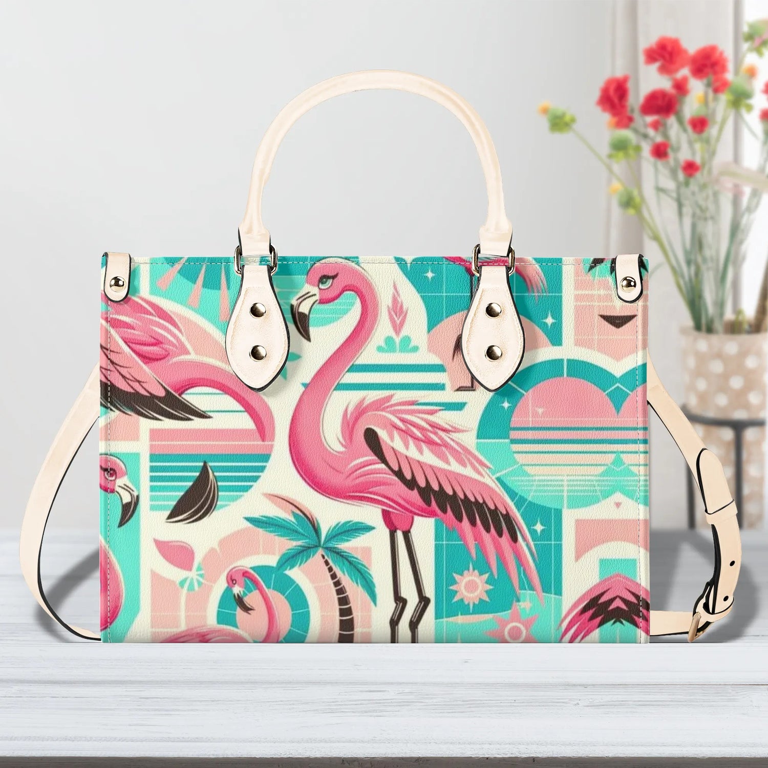 1950s Flamingo, Kitschy Style, Palm Springs Style, Mid Mod Luxury Women Handbag - Mid Century Modern Gal