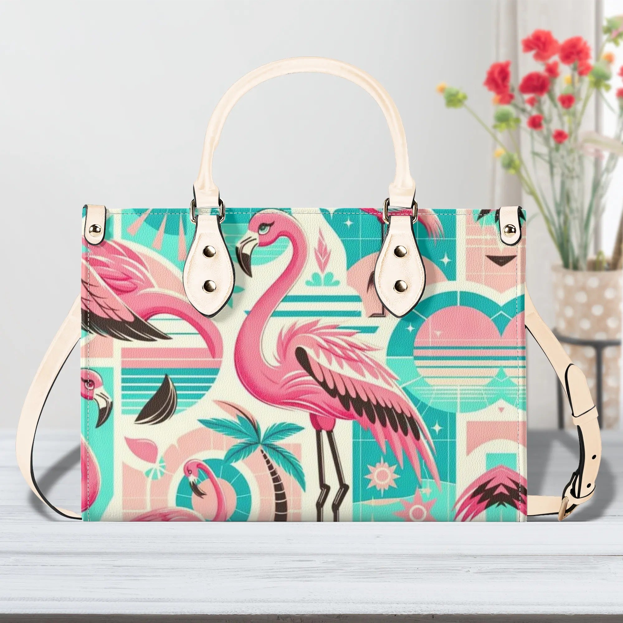 1950s Flamingo, Kitschy Style, Palm Springs Style, Mid Mod Luxury Women Handbag - Mid Century Modern Gal