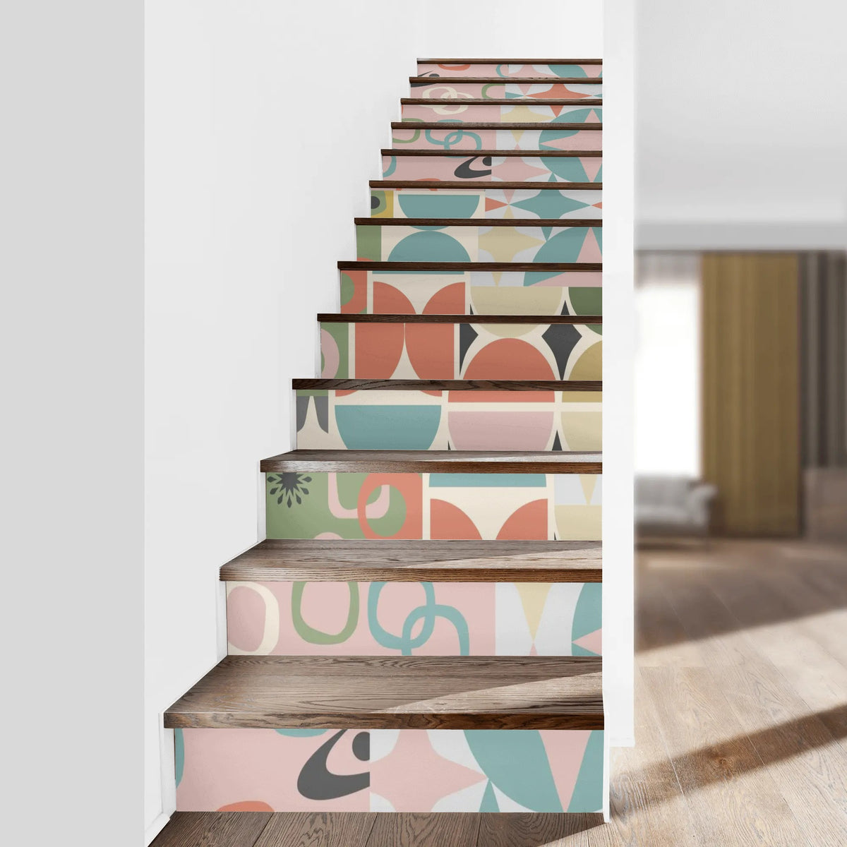 Mid Century Modern Pink, Multicolor, Geometric Starburst MCM Peel And Stick Stair Risers - Mid Century Modern Gal