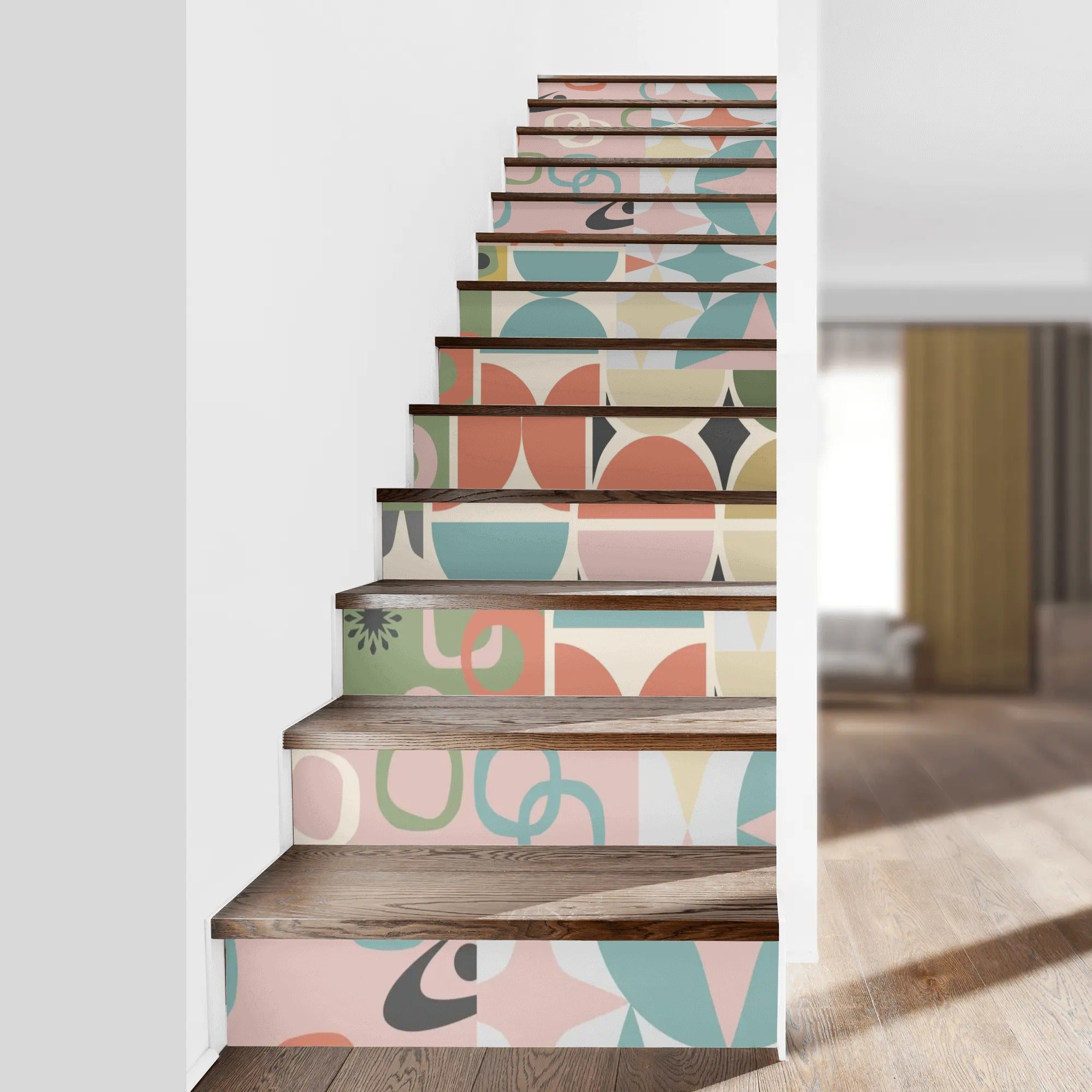 Mid Century Modern Pink, Multicolor, Geometric Starburst MCM Peel And Stick Stair Risers - Mid Century Modern Gal