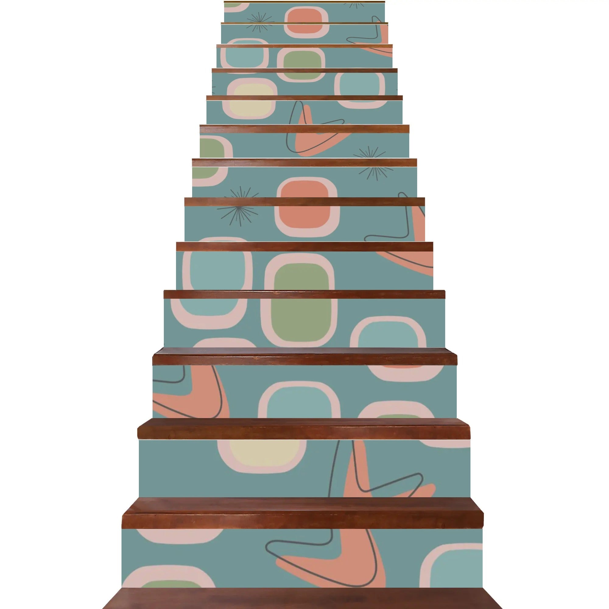 Atomic Boomerangs, Mid Century Modern Geometric Blue, Green, Coral, MCM Peel And Stick 13Pcs Stairs Stickers - Mid Century Modern Gal