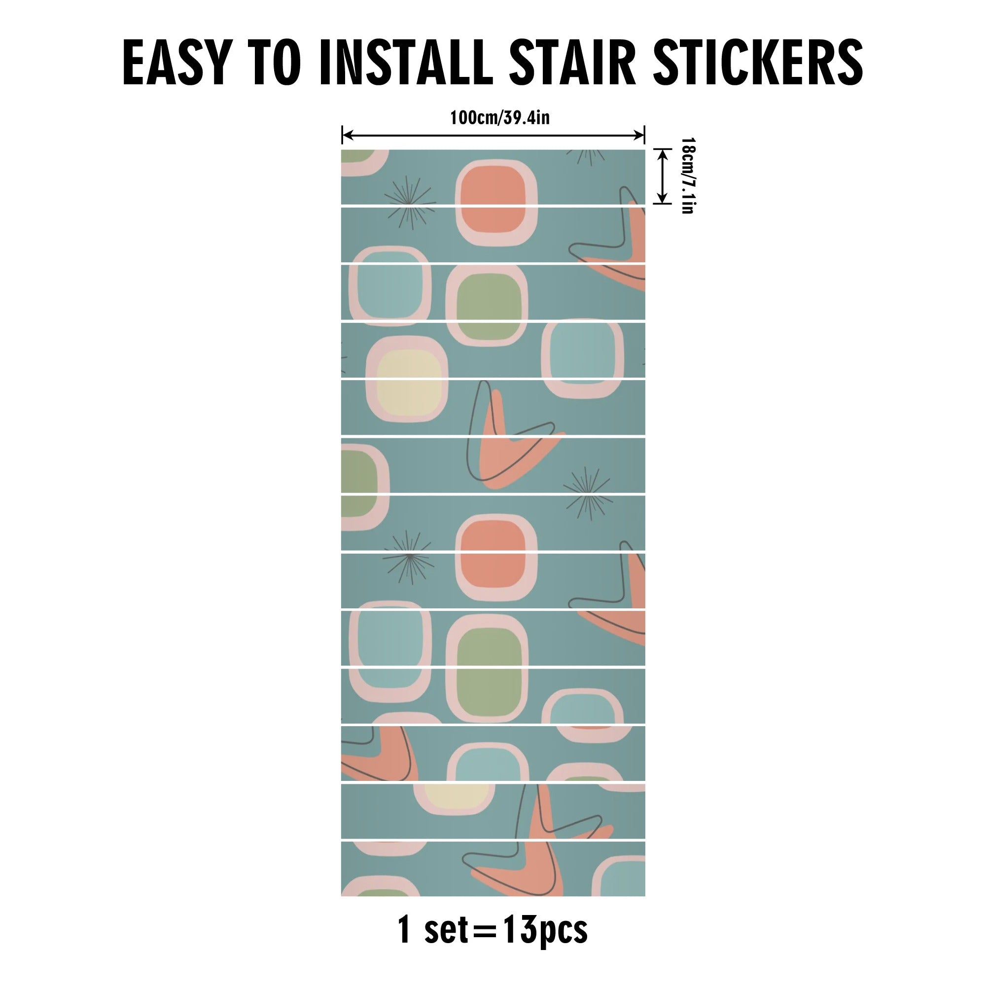 Atomic Boomerangs, Mid Century Modern Geometric Blue, Green, Coral, MCM Peel And Stick 13Pcs Stairs Stickers - Mid Century Modern Gal
