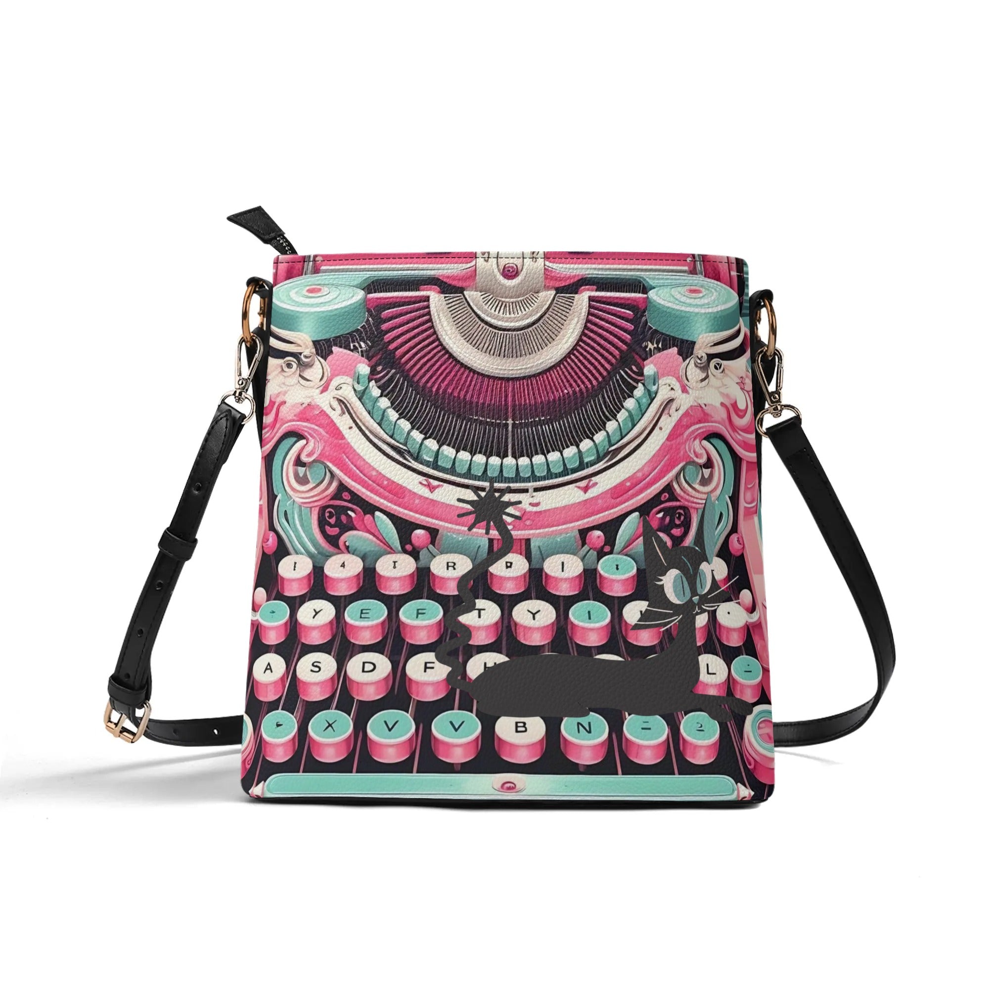 Retro Typewriter Bucket Bag, Kitschy Atomic Cat, Pink Purse - Mid Century Modern Gal