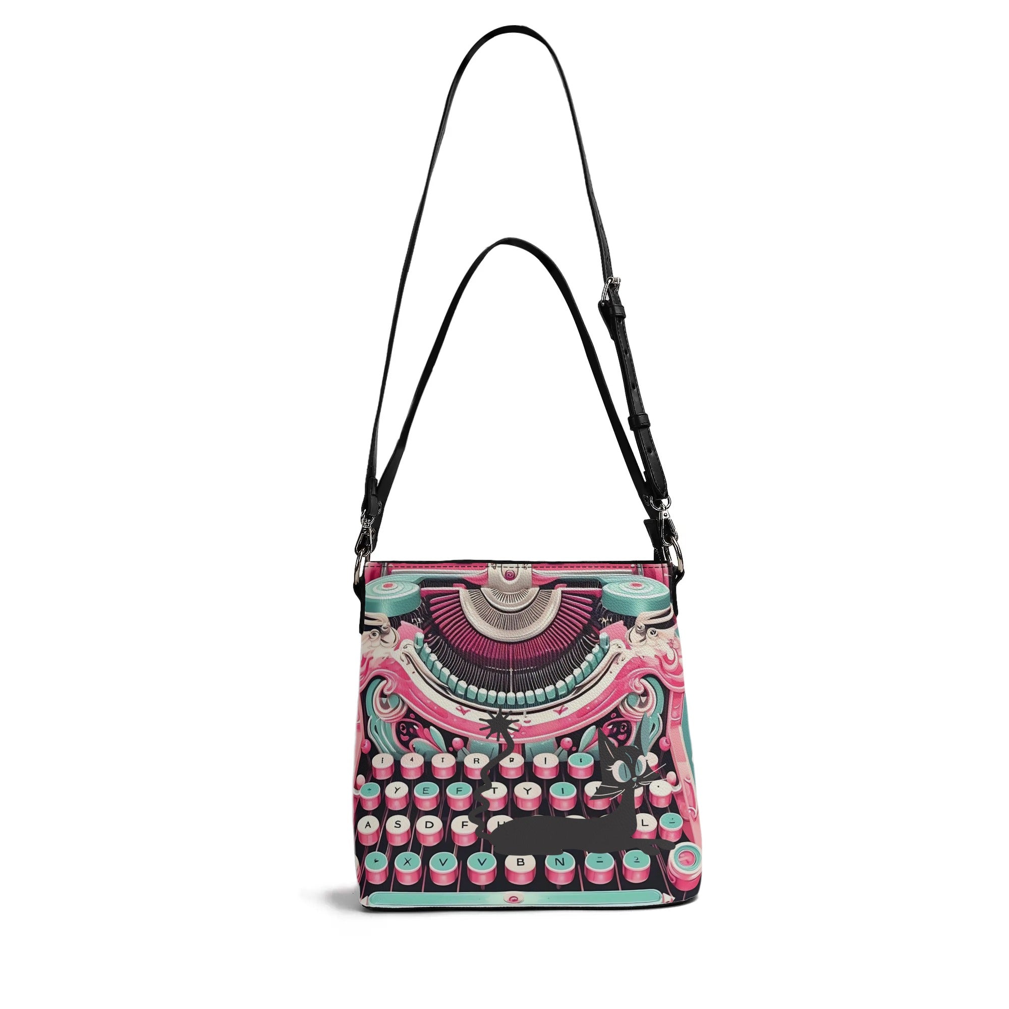Retro Typewriter Bucket Bag, Kitschy Atomic Cat, Pink Purse - Mid Century Modern Gal