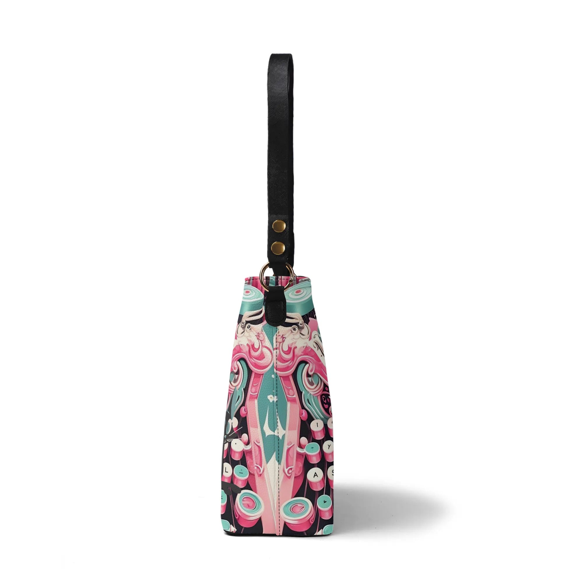 Retro Typewriter Bucket Bag, Kitschy Atomic Cat, Pink Purse - Mid Century Modern Gal
