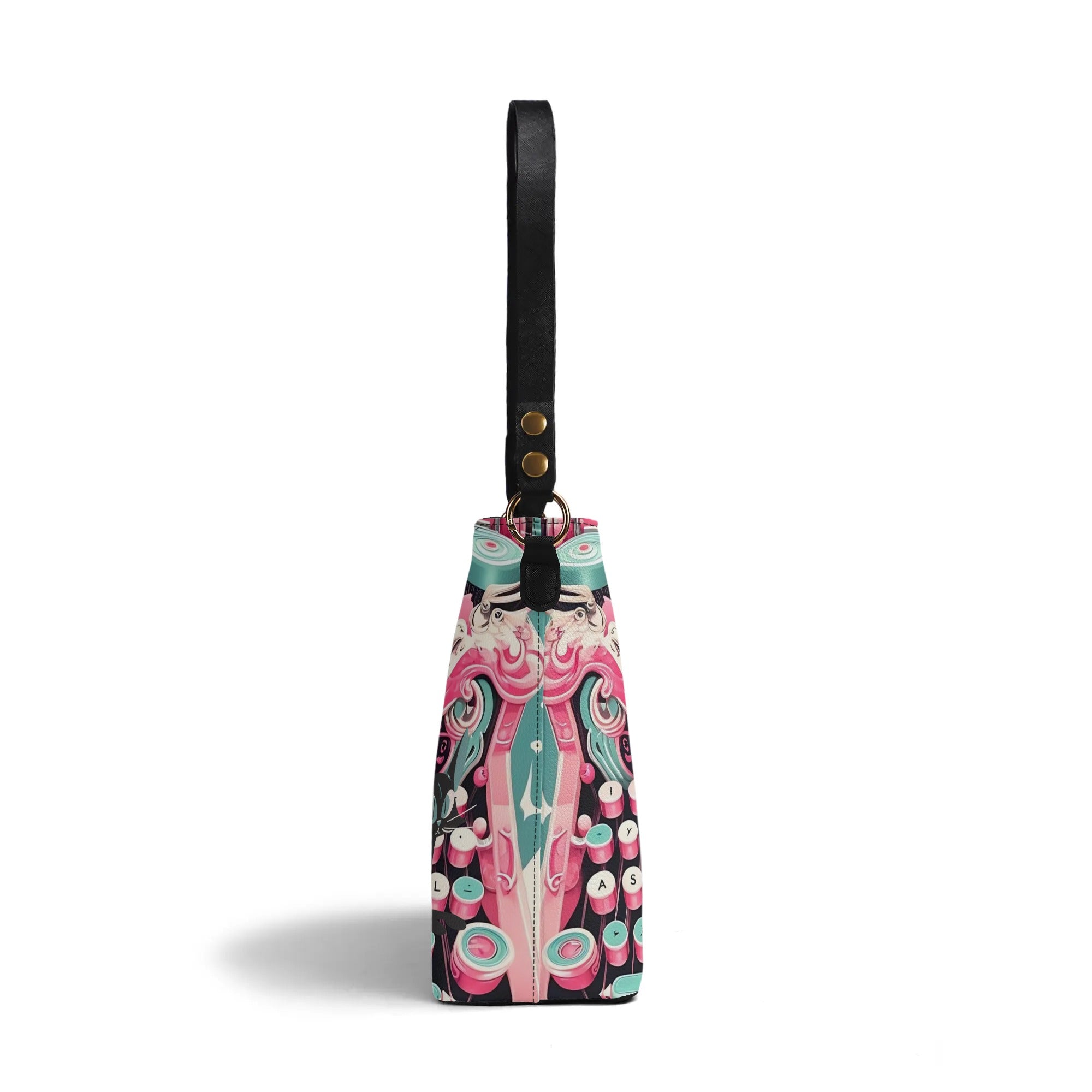 Retro Typewriter Bucket Bag, Kitschy Atomic Cat, Pink Purse - Mid Century Modern Gal
