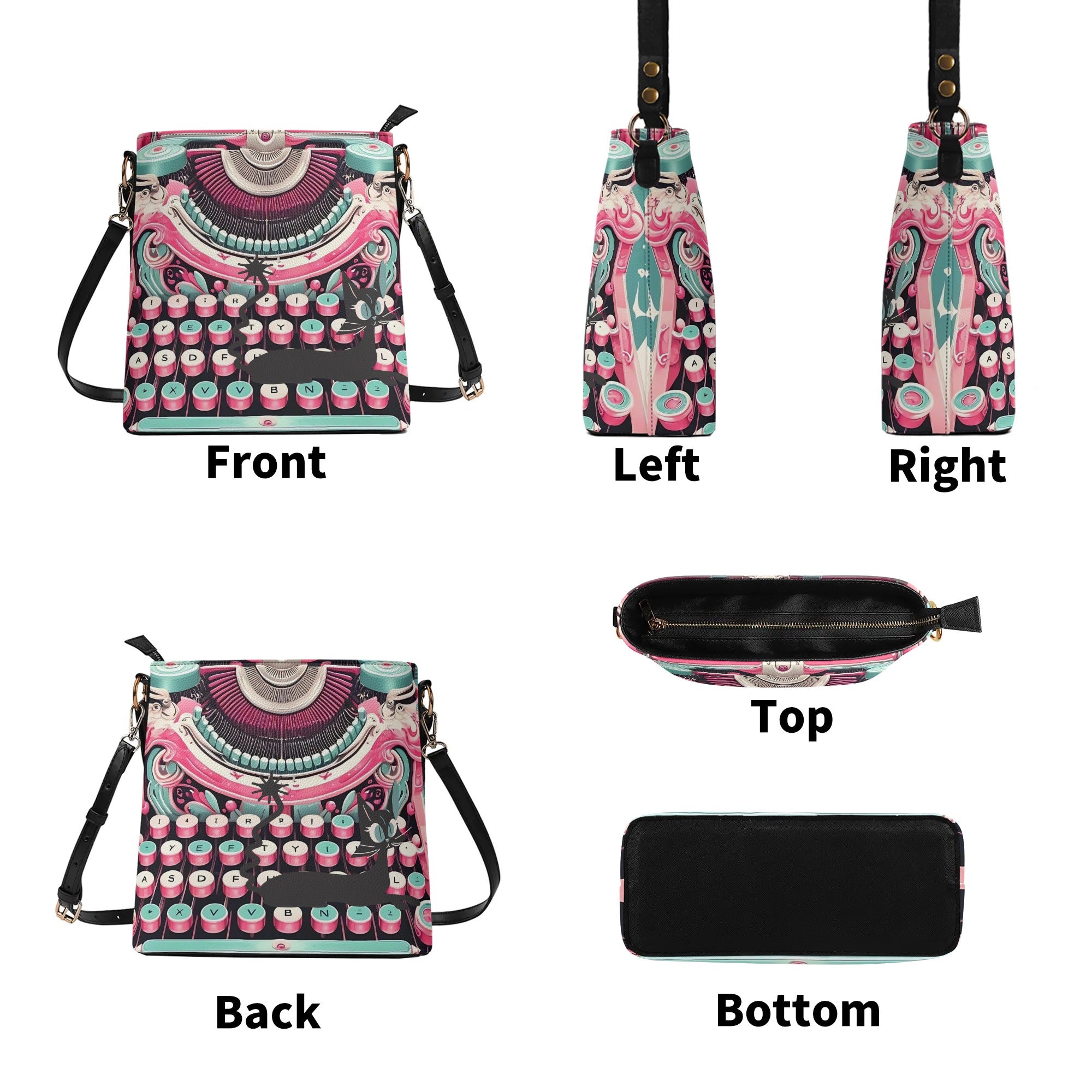 Retro Typewriter Bucket Bag, Kitschy Atomic Cat, Pink Purse - Mid Century Modern Gal