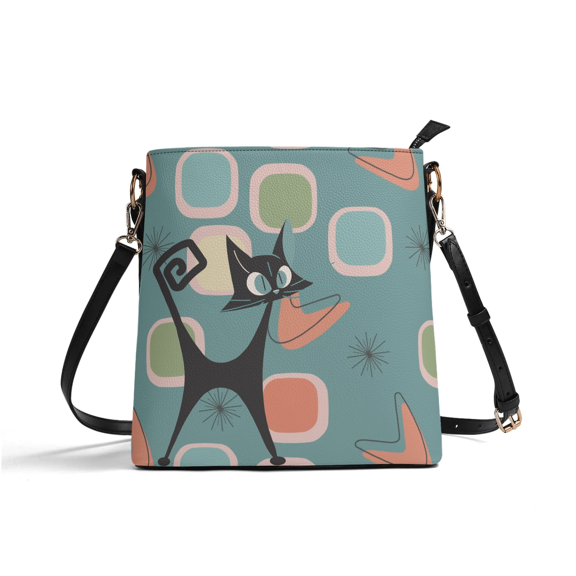 Mid Mod Atomic Cat, Light Teal, Kitschy Fun Retro Bucket Bag - Mid Century Modern Gal