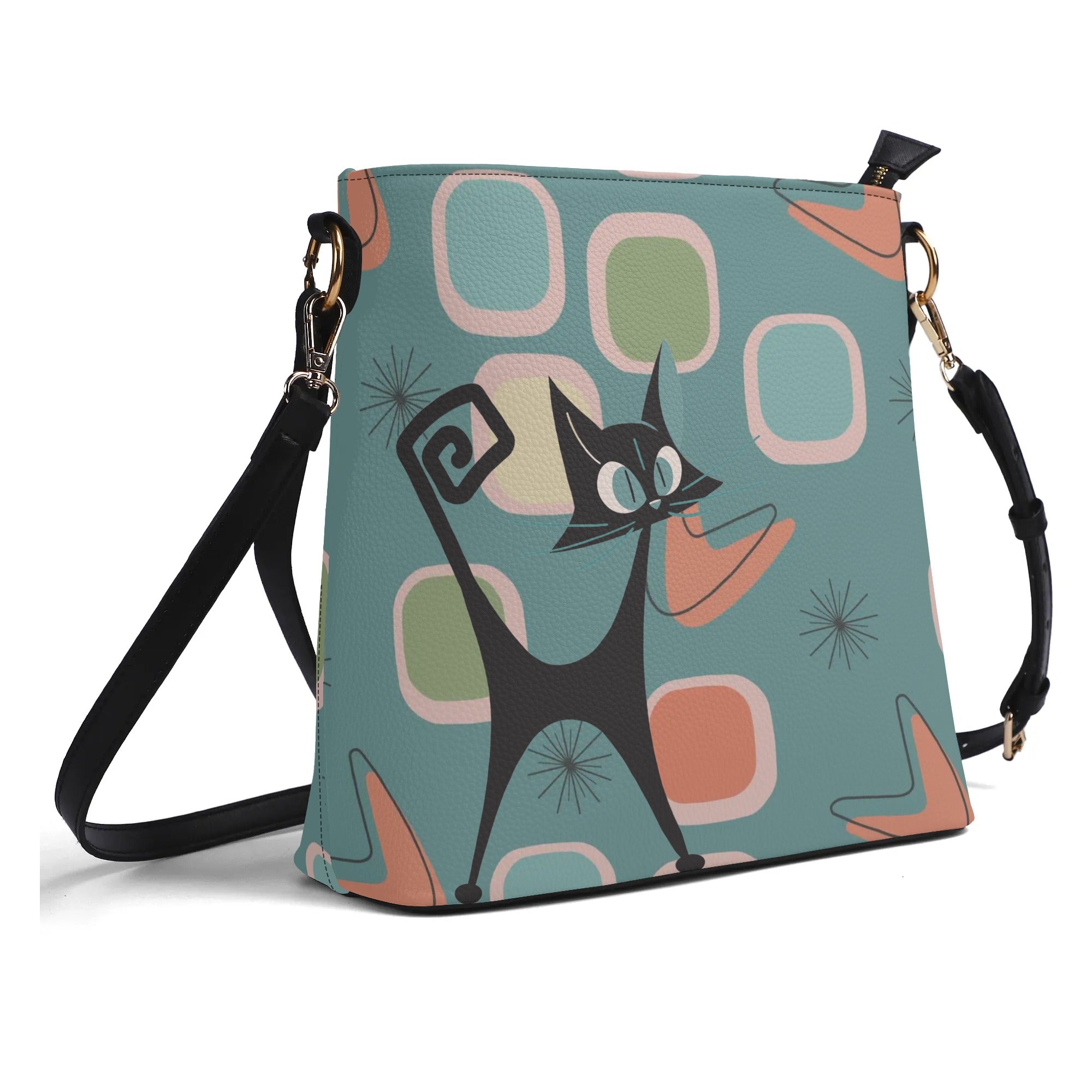 Mid Mod Atomic Cat, Light Teal, Kitschy Fun Retro Bucket Bag - Mid Century Modern Gal