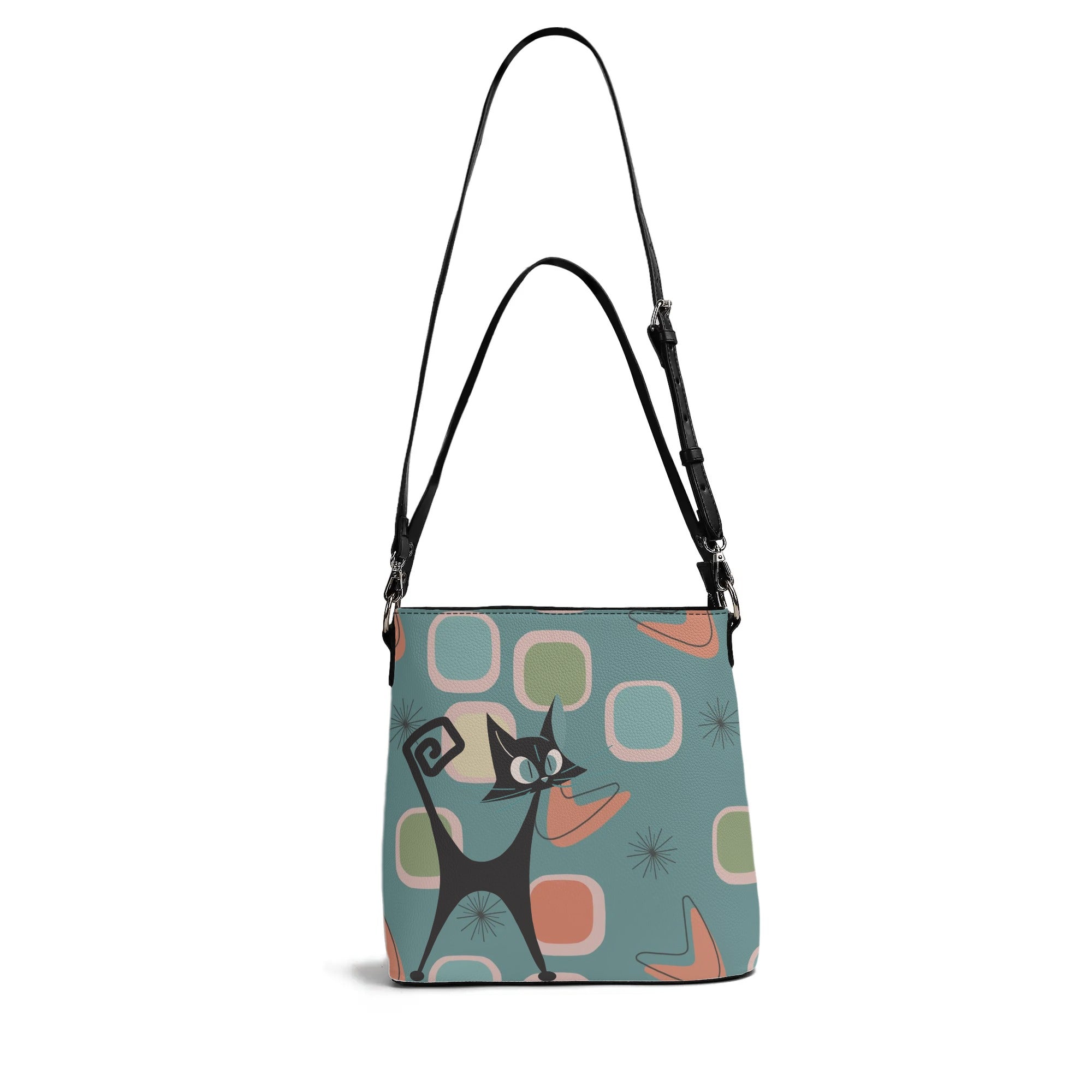 Mid Mod Atomic Cat, Light Teal, Kitschy Fun Retro Bucket Bag - Mid Century Modern Gal