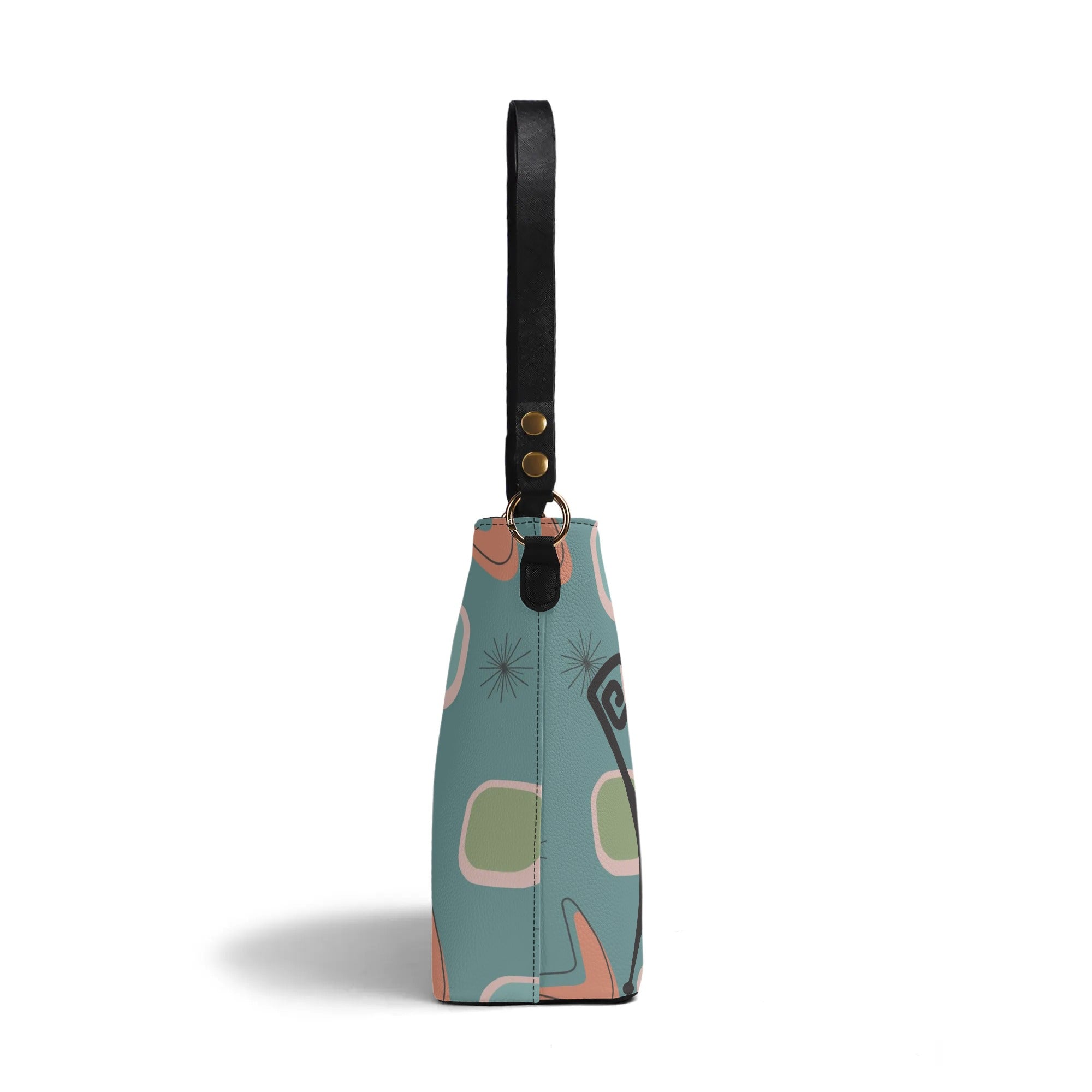 Mid Mod Atomic Cat, Light Teal, Kitschy Fun Retro Bucket Bag - Mid Century Modern Gal