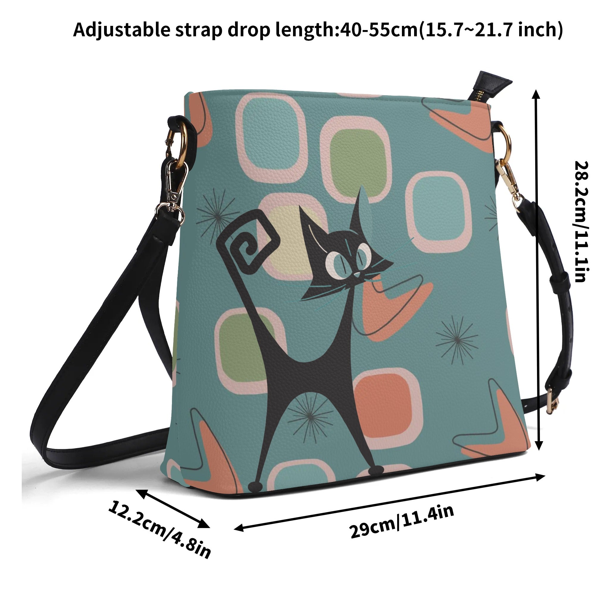 Mid Mod Atomic Cat, Light Teal, Kitschy Fun Retro Bucket Bag - Mid Century Modern Gal