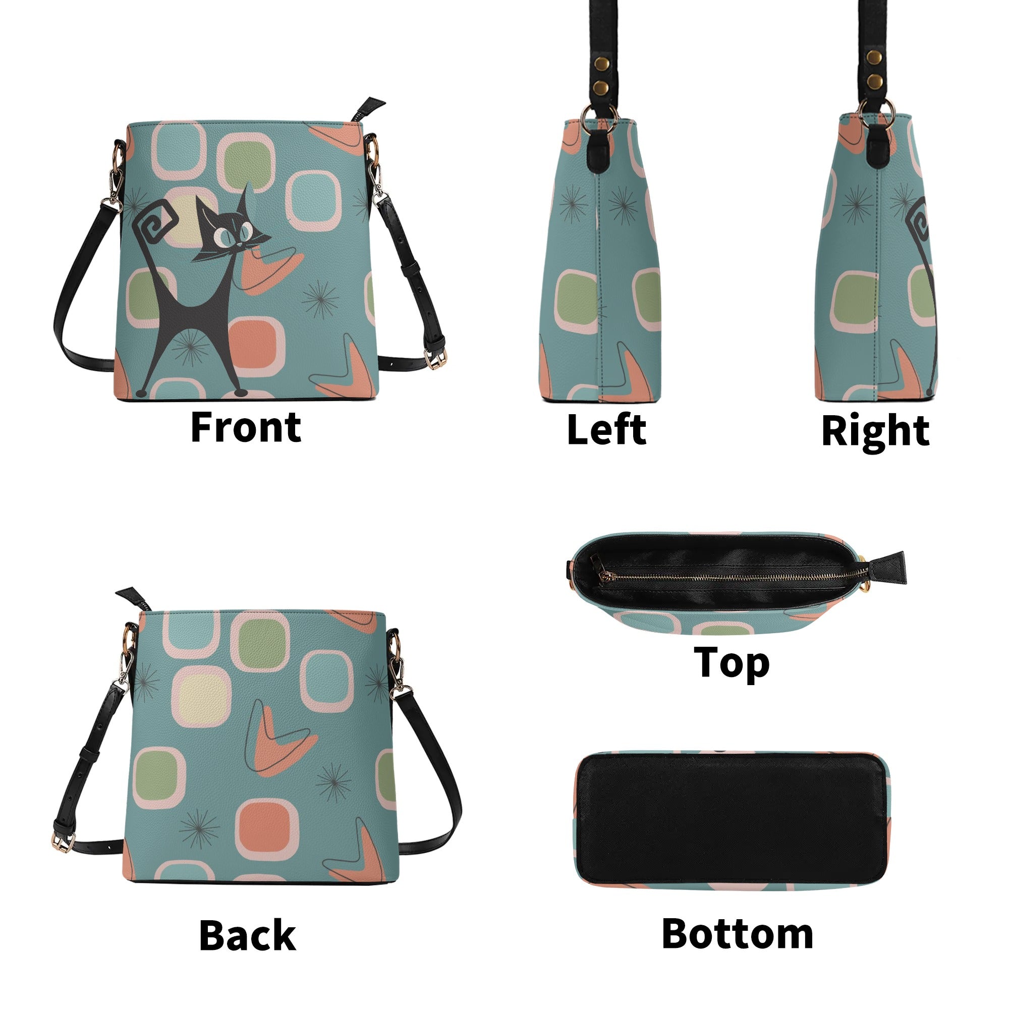 Mid Mod Atomic Cat, Light Teal, Kitschy Fun Retro Bucket Bag - Mid Century Modern Gal
