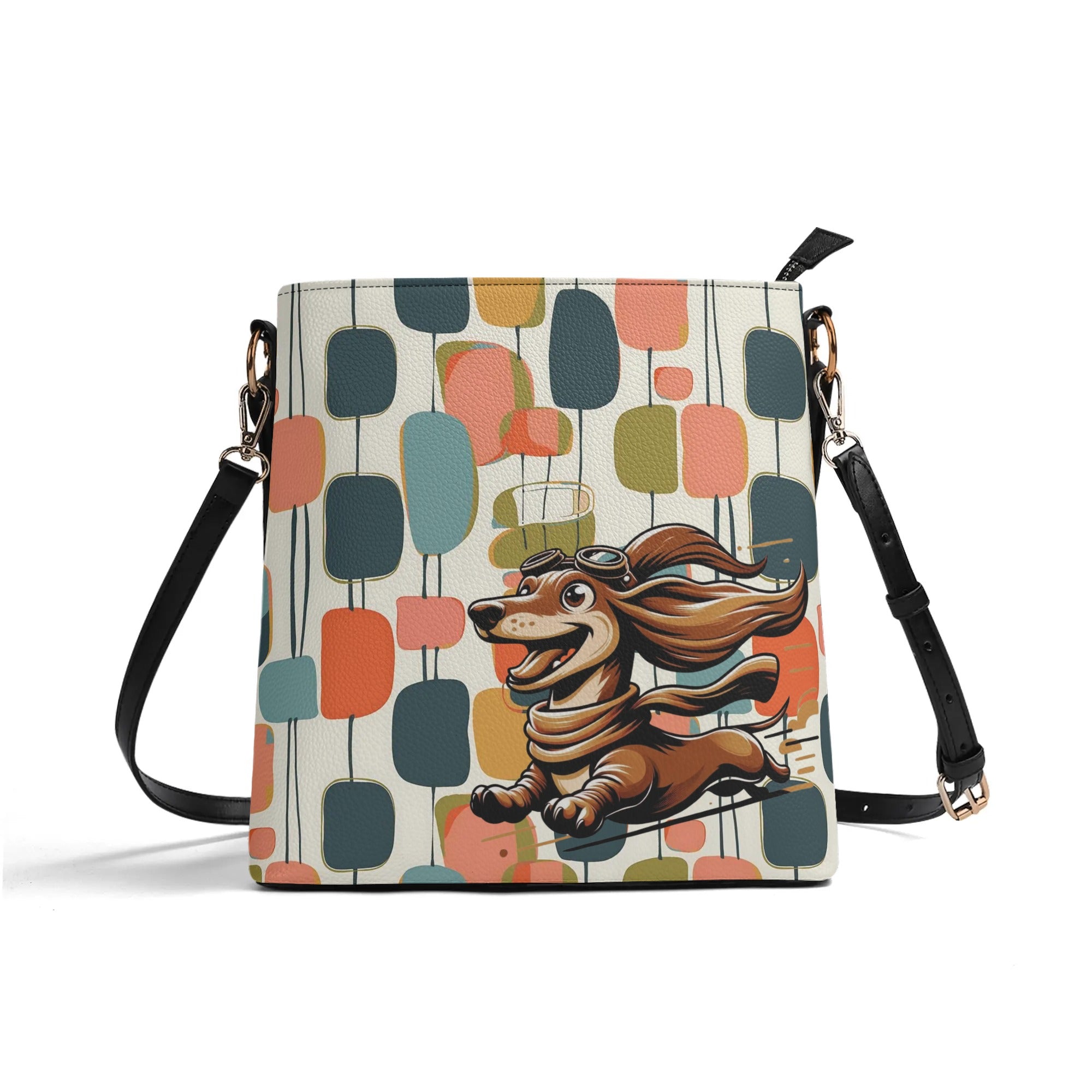Mid Mod Bucket Bag, For Doxie Mom, Dachshund Lover, Kitschy Fun Atomic Retro Bucket Bag - Mid Century Modern Gal