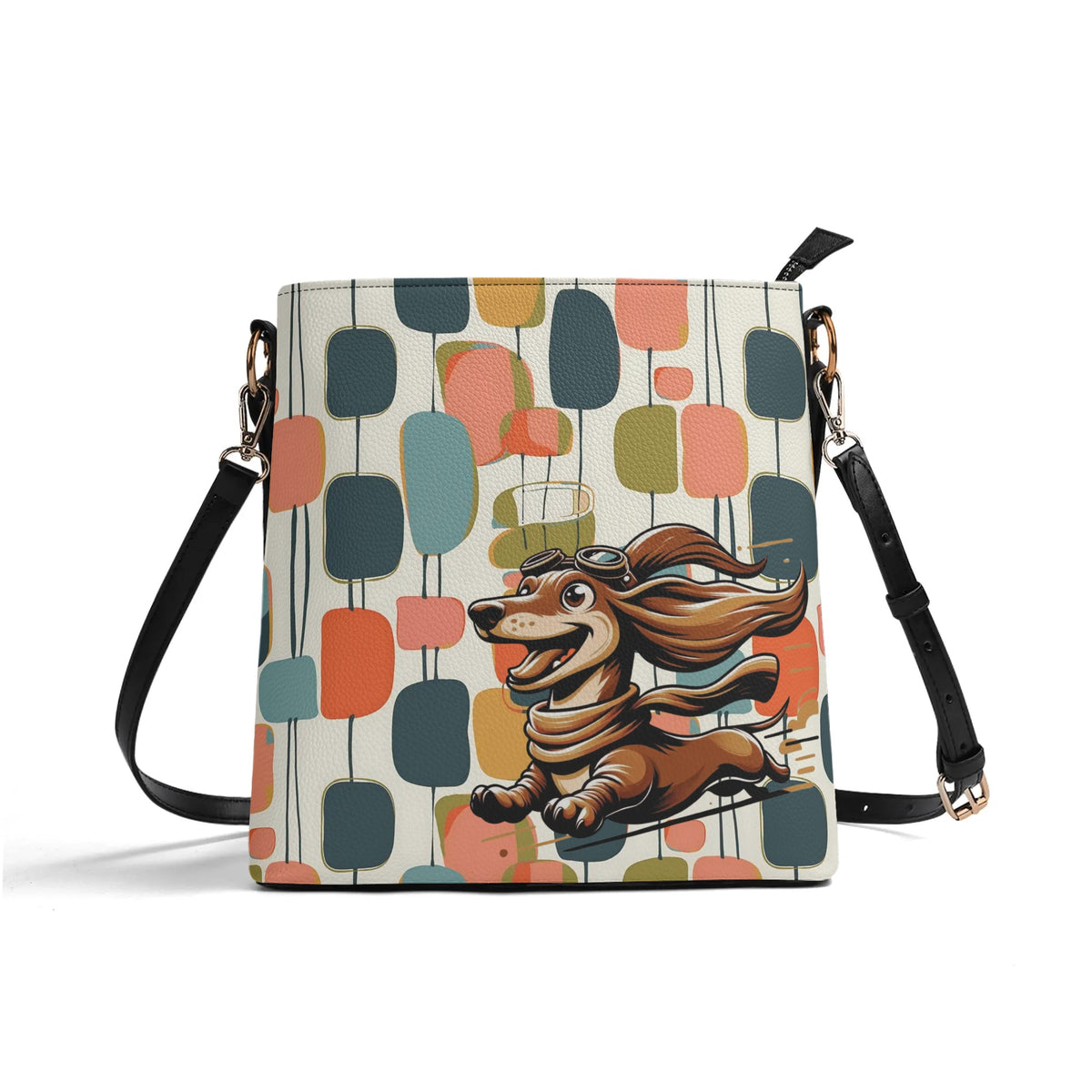 Mid Mod Bucket Bag, For Doxie Mom, Dachshund Lover, Kitschy Fun Atomic Retro Bucket Bag - Mid Century Modern Gal