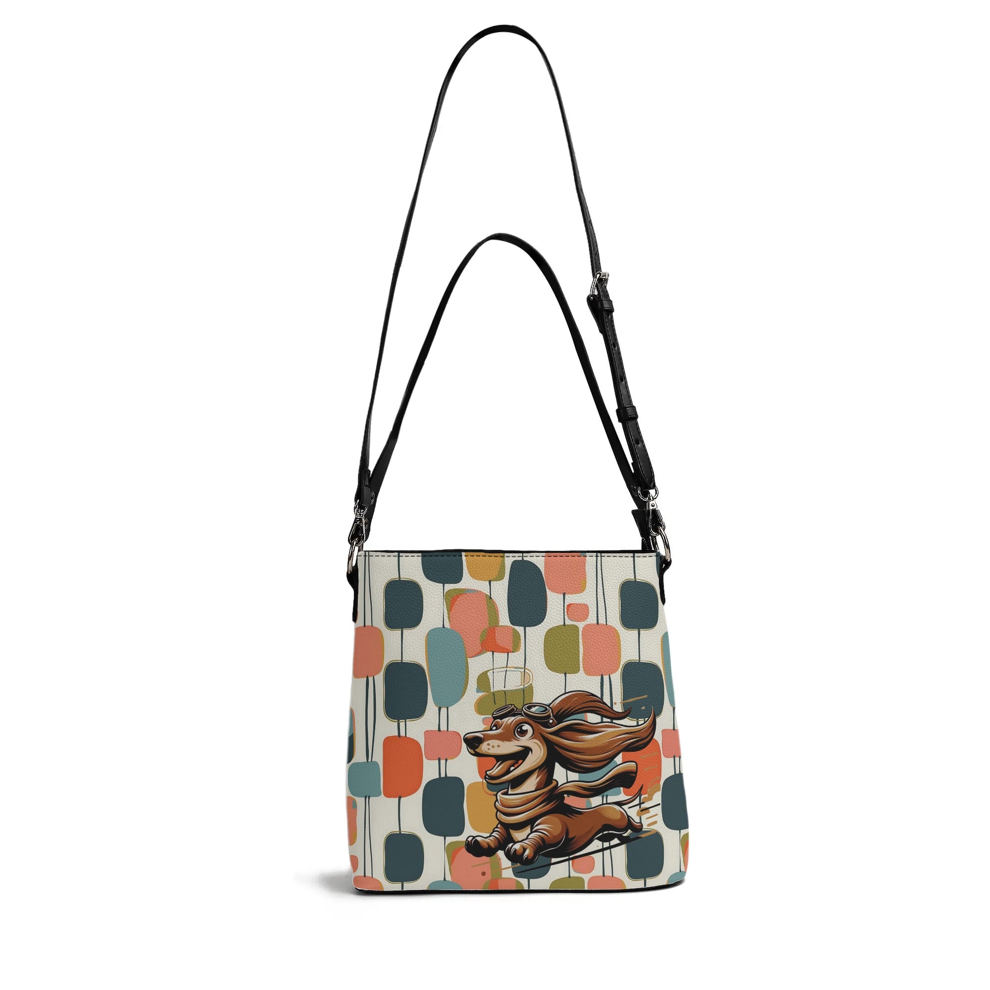 Mid Mod Bucket Bag, For Doxie Mom, Dachshund Lover, Kitschy Fun Atomic Retro Bucket Bag - Mid Century Modern Gal