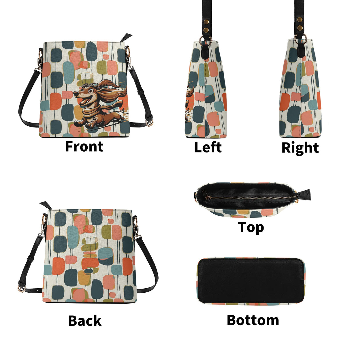 Mid Mod Bucket Bag, For Doxie Mom, Dachshund Lover, Kitschy Fun Atomic Retro Bucket Bag - Mid Century Modern Gal