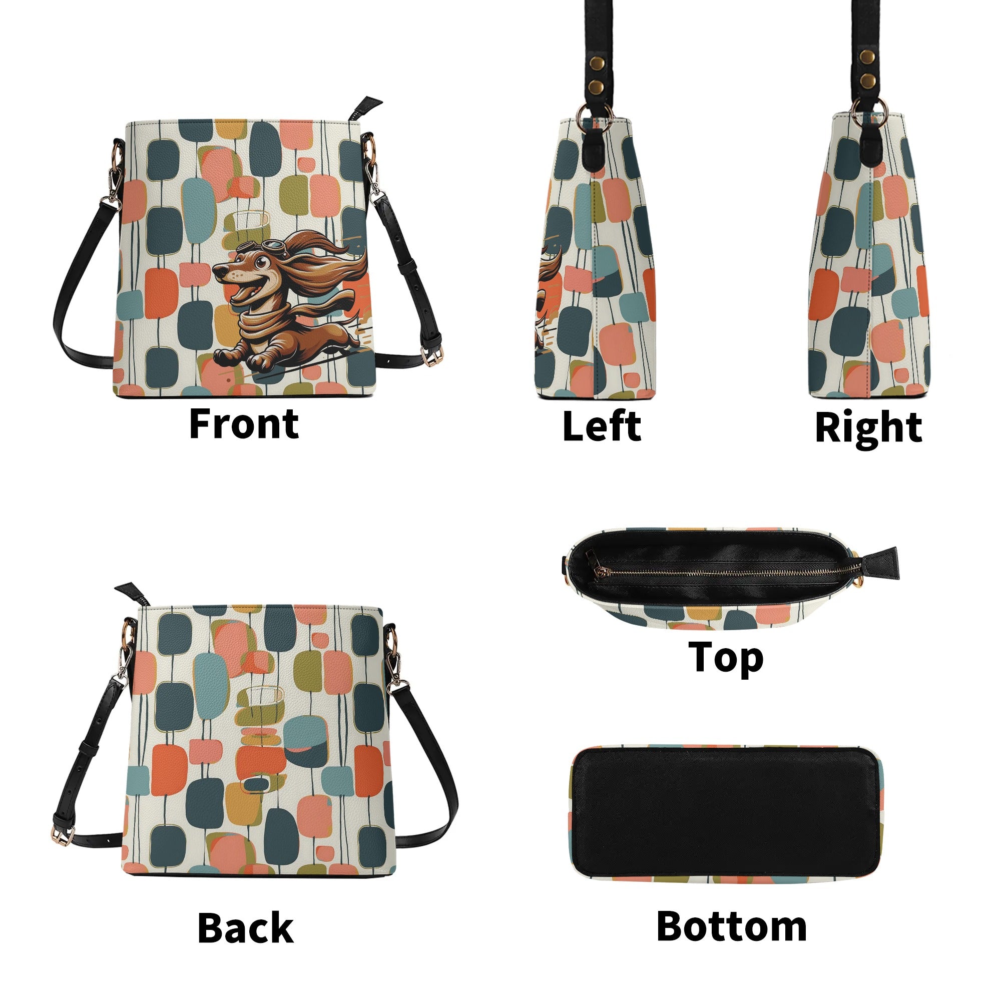 Mid Mod Bucket Bag, For Doxie Mom, Dachshund Lover, Kitschy Fun Atomic Retro Bucket Bag - Mid Century Modern Gal