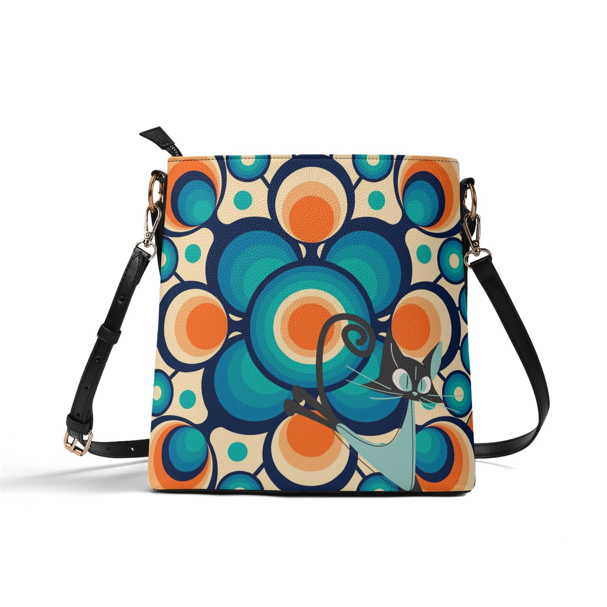Funky Shoulder Bag, Groovy Retro Orb, Atomic Space Cat Kitschy Bucket Bag - Mid Century Modern Gal
