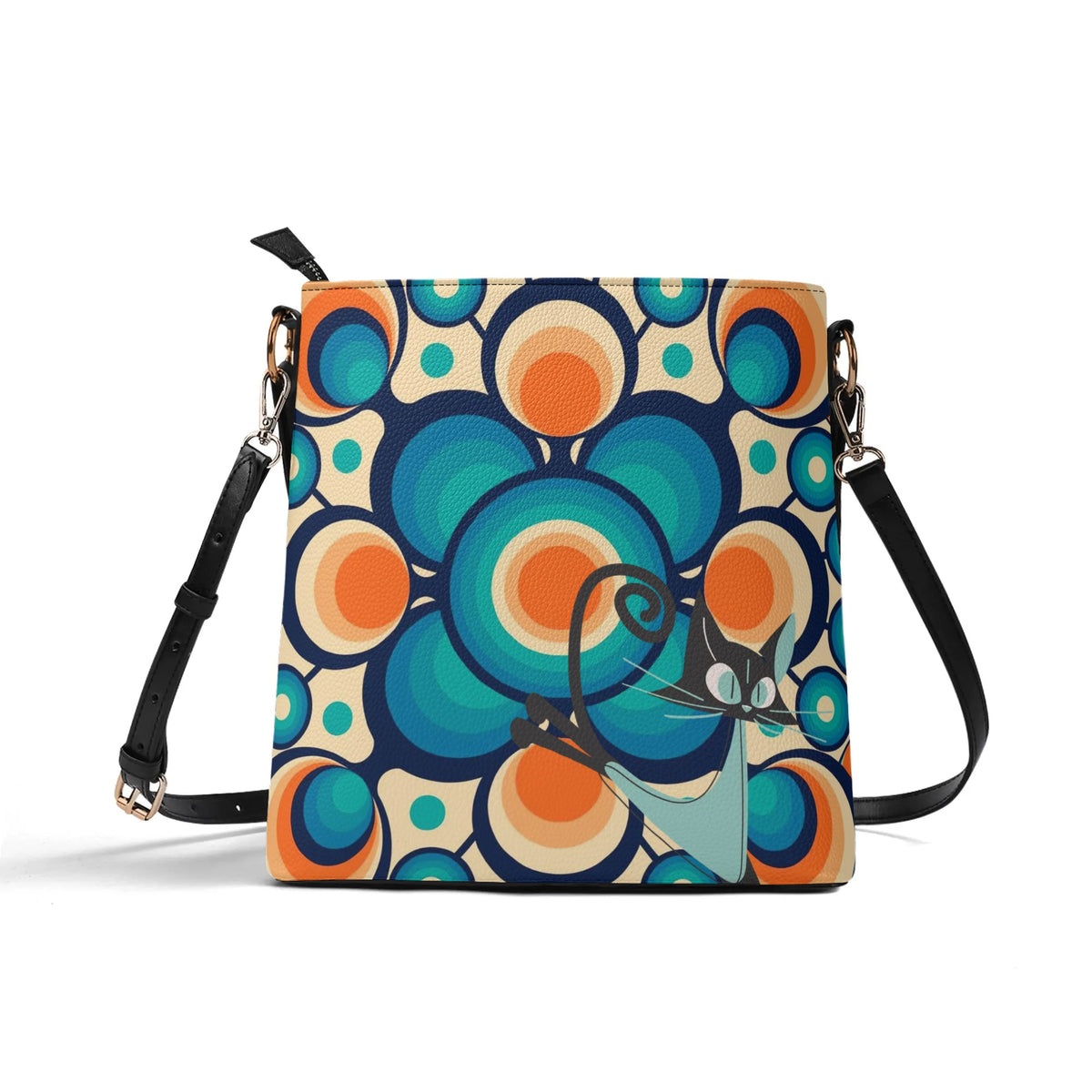 Funky Shoulder Bag, Groovy Retro Orb, Atomic Space Cat Kitschy Bucket Bag - Mid Century Modern Gal
