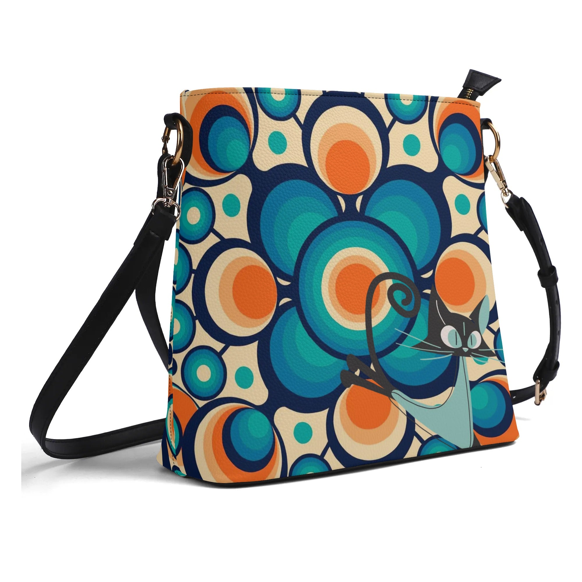 Funky Shoulder Bag, Groovy Retro Orb, Atomic Space Cat Kitschy Bucket Bag - Mid Century Modern Gal