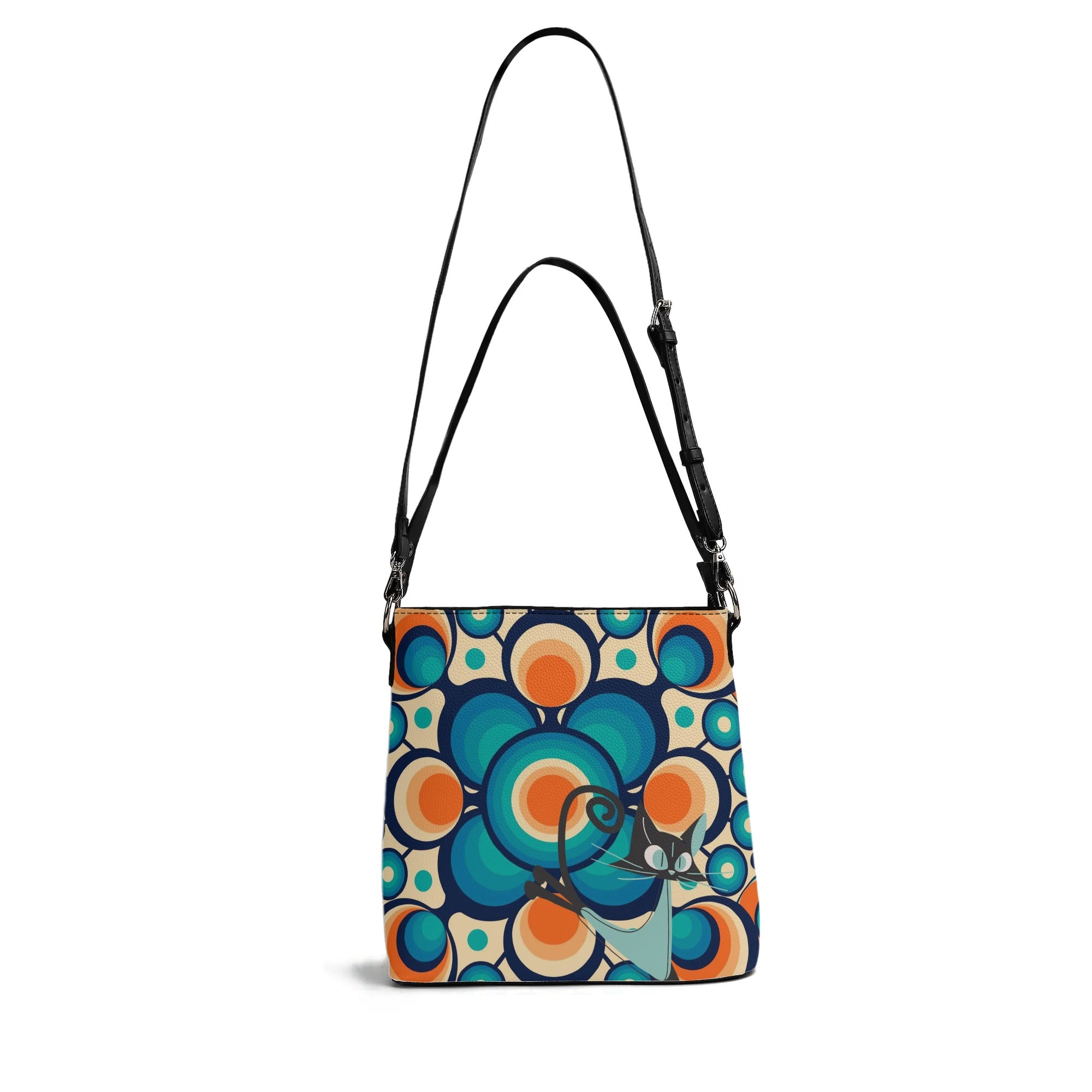Funky Shoulder Bag, Groovy Retro Orb, Atomic Space Cat Kitschy Bucket Bag - Mid Century Modern Gal