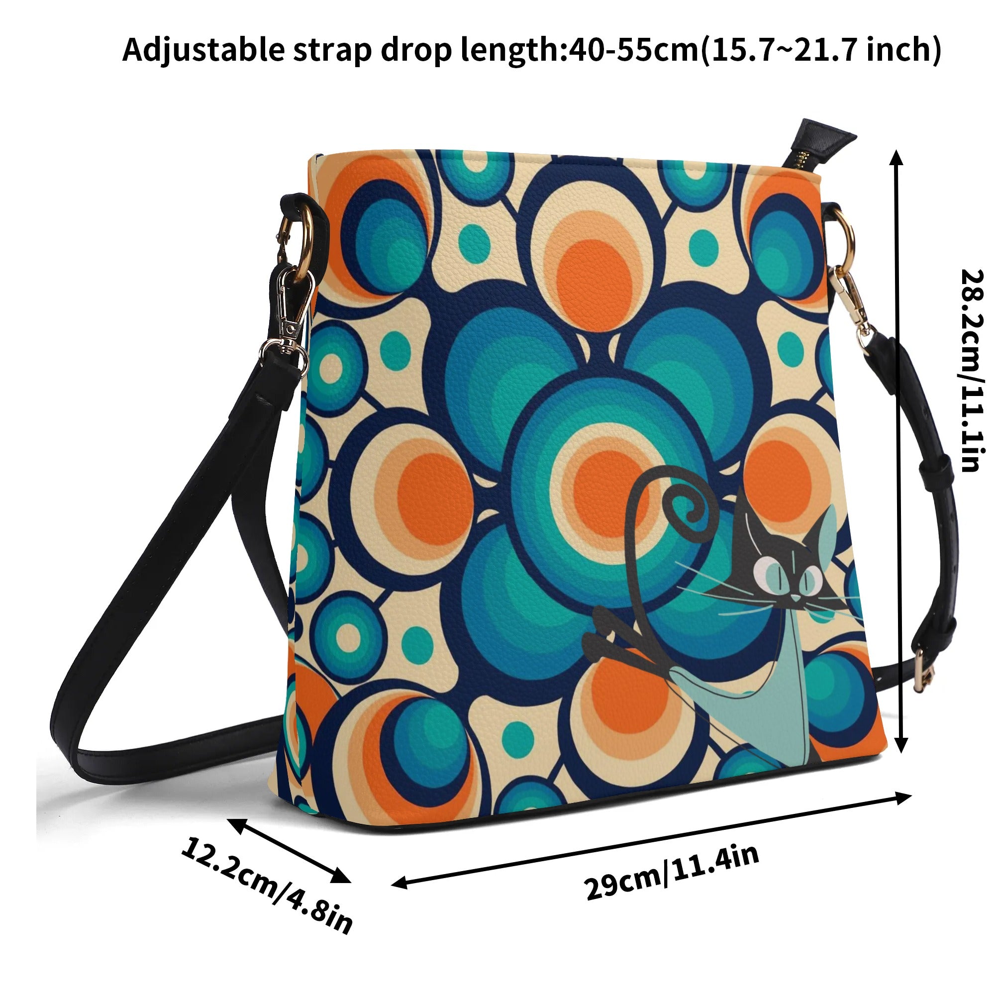 Funky Shoulder Bag, Groovy Retro Orb, Atomic Space Cat Kitschy Bucket Bag - Mid Century Modern Gal