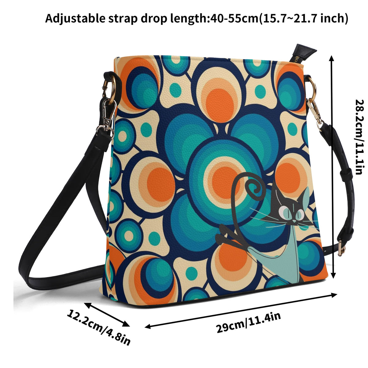 Funky Shoulder Bag, Groovy Retro Orb, Atomic Space Cat Kitschy Bucket Bag - Mid Century Modern Gal