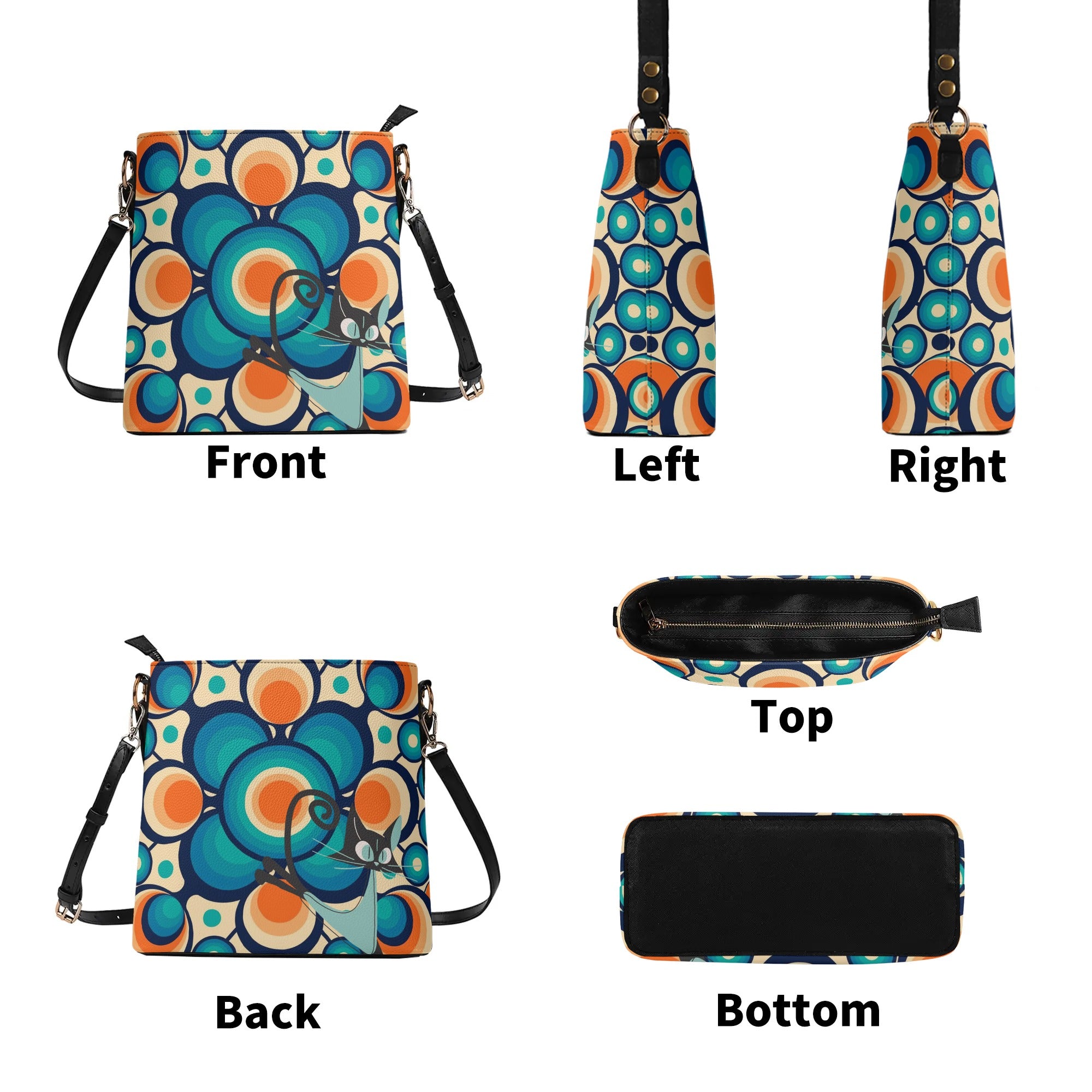 Funky Shoulder Bag, Groovy Retro Orb, Atomic Space Cat Kitschy Bucket Bag - Mid Century Modern Gal