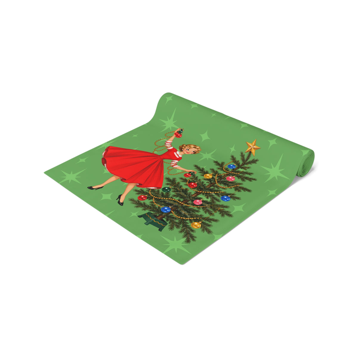 Mid Century Modern Gal Decorating Christmas Tree, Green Atomic Starbursts Table Runner