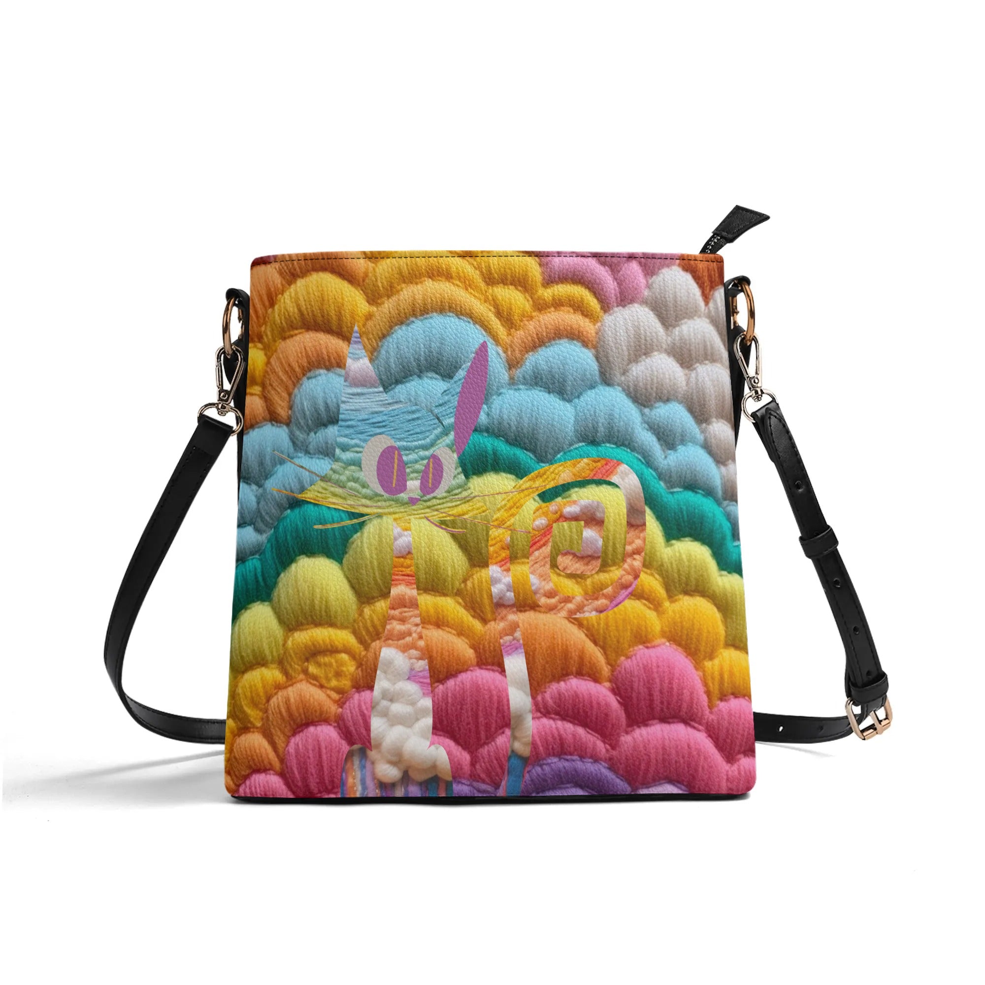 Retro Rainbow, LGBTQ Womens Bucket Bag, With Faux Embroidery - Mid Century Modern Gal