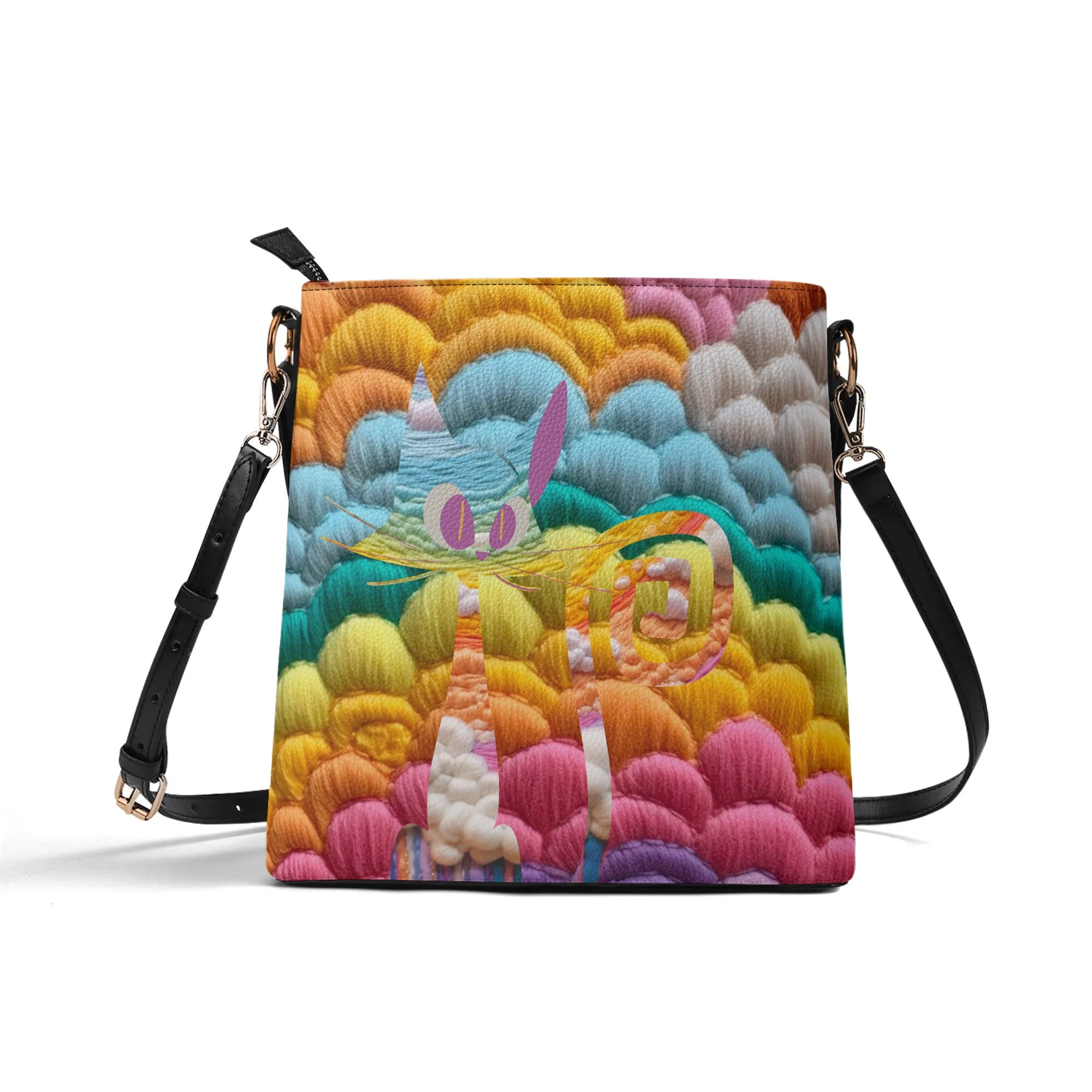 Retro Rainbow, LGBTQ Womens Bucket Bag, With Faux Embroidery - Mid Century Modern Gal