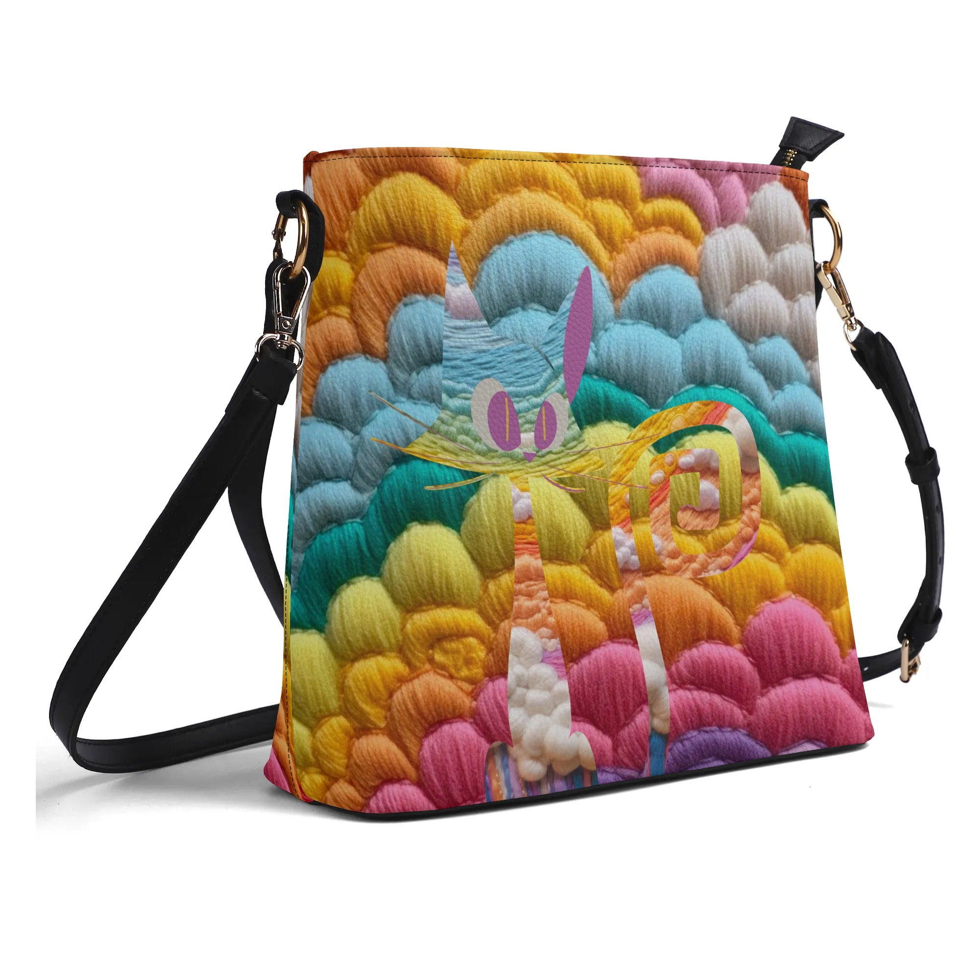 Retro Rainbow, LGBTQ Womens Bucket Bag, With Faux Embroidery - Mid Century Modern Gal