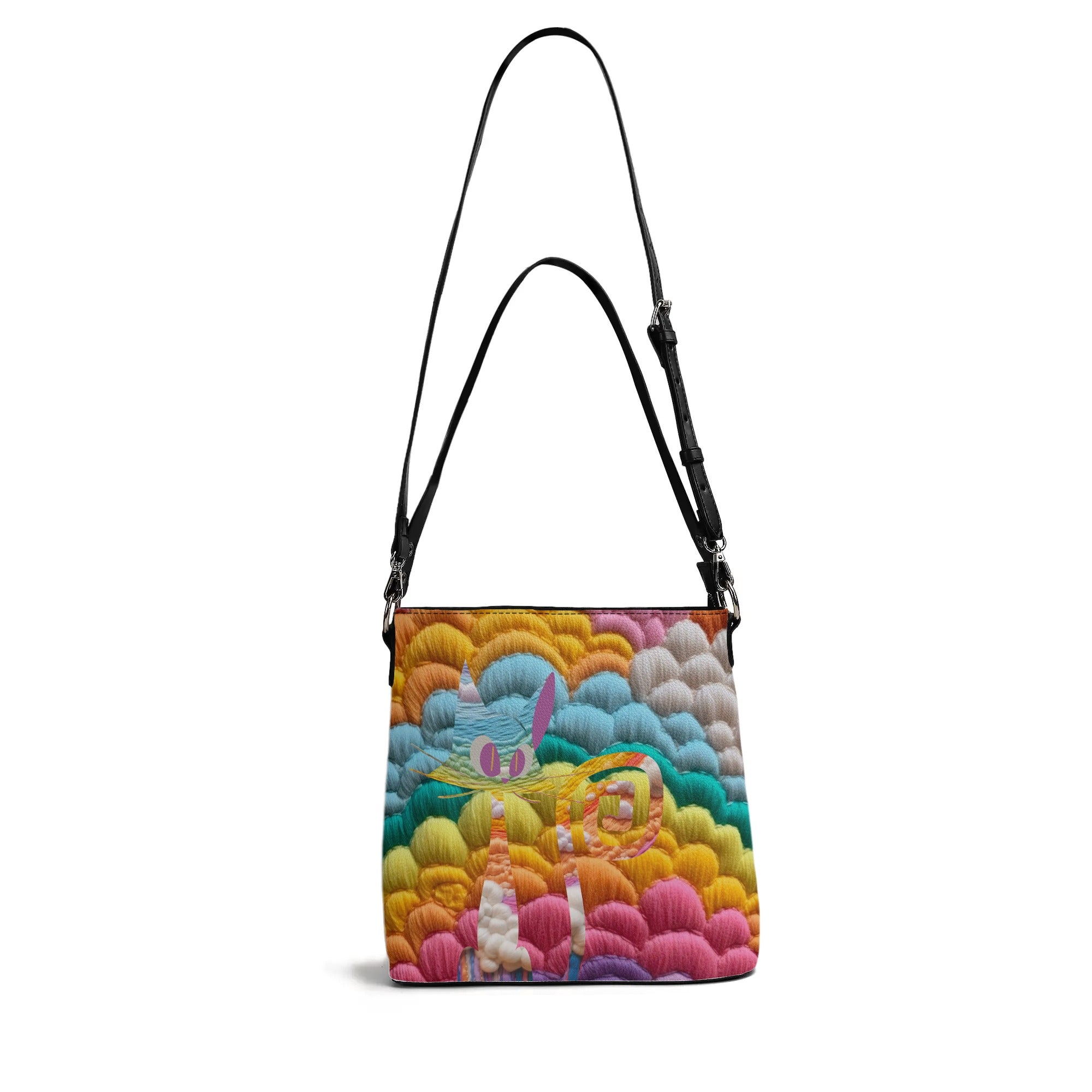 Retro Rainbow, LGBTQ Womens Bucket Bag, With Faux Embroidery - Mid Century Modern Gal