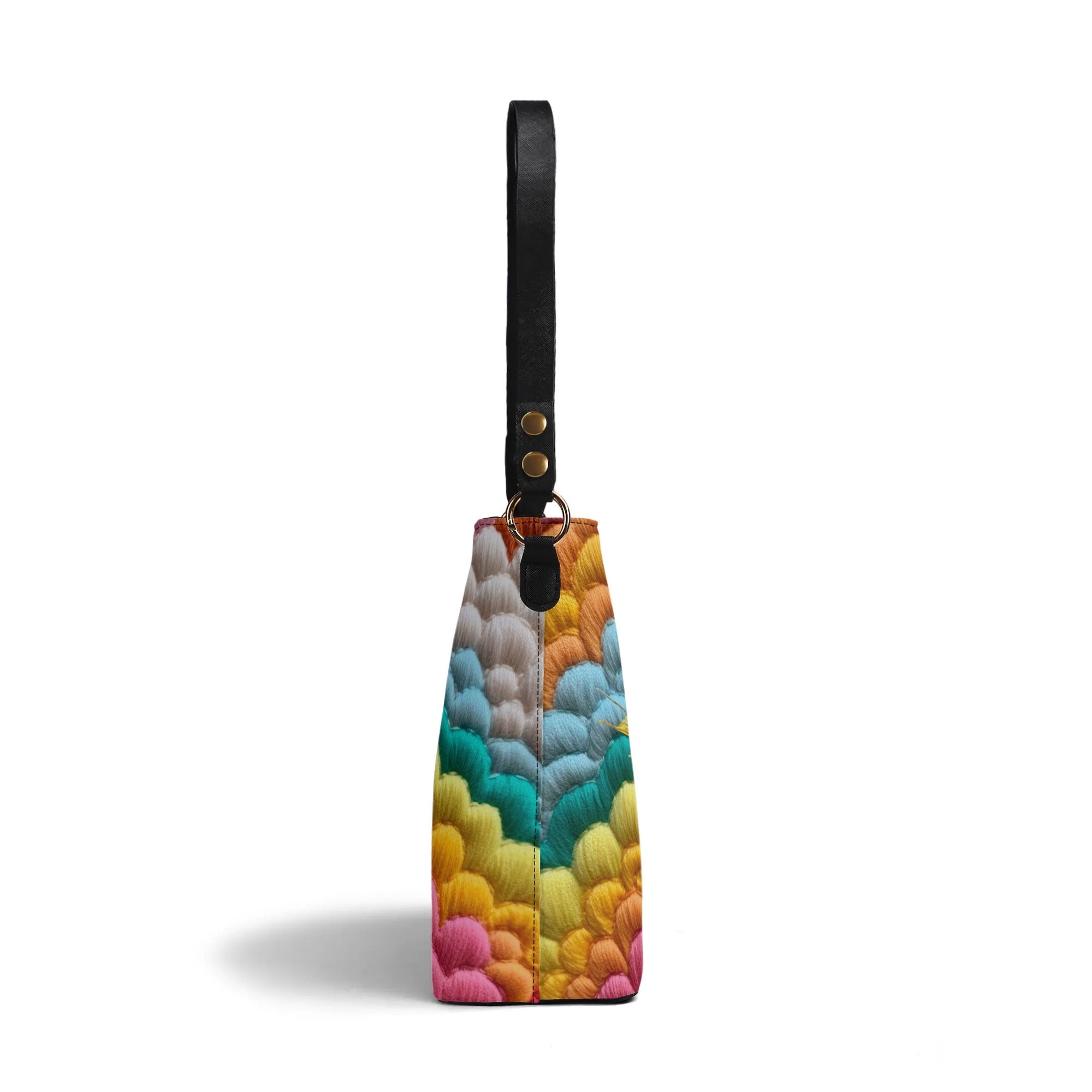Retro Rainbow, LGBTQ Womens Bucket Bag, With Faux Embroidery - Mid Century Modern Gal