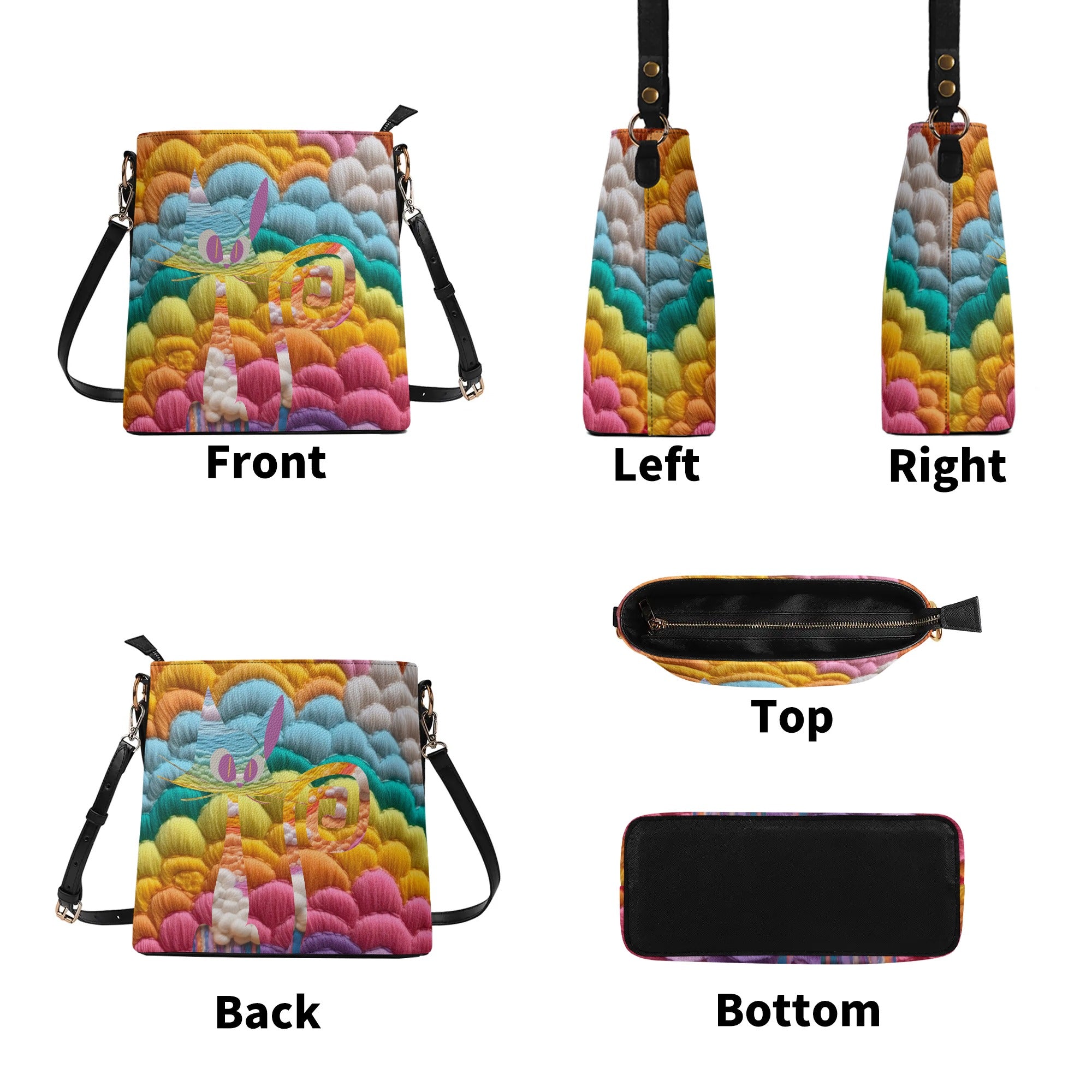 Retro Rainbow, LGBTQ Womens Bucket Bag, With Faux Embroidery - Mid Century Modern Gal