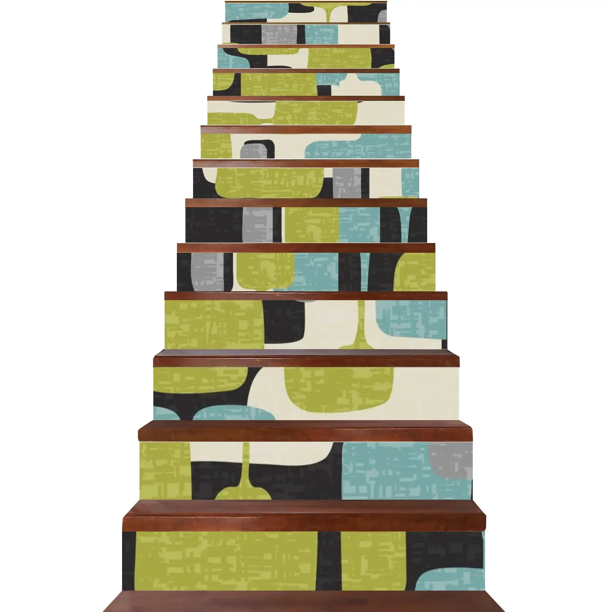 Mid Century Modern Geometric Green, Black Gray, Aqua Mod Removeable Stair Riser Peel And Stick - Mid Century Modern Gal