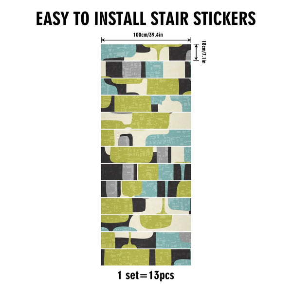 Mid Century Modern Geometric Green, Black Gray, Aqua Mod Removeable Stair Riser Peel And Stick