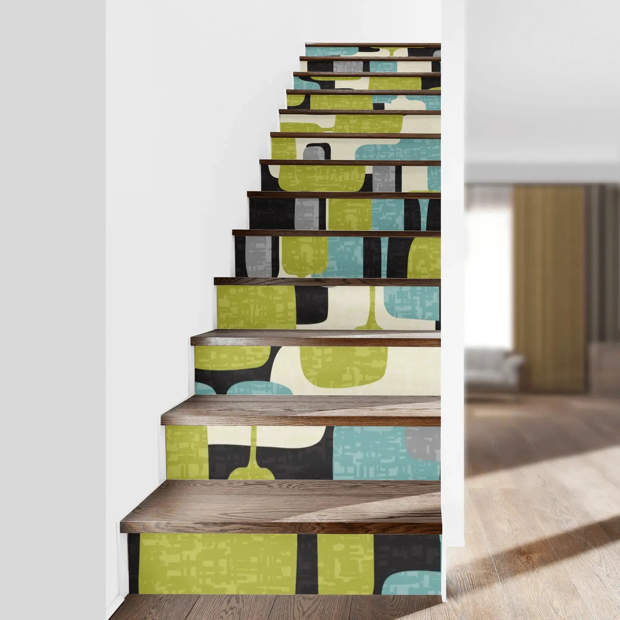 Mid Century Modern Geometric Green, Black Gray, Aqua Mod Removeable Stair Riser Peel And Stick - Mid Century Modern Gal