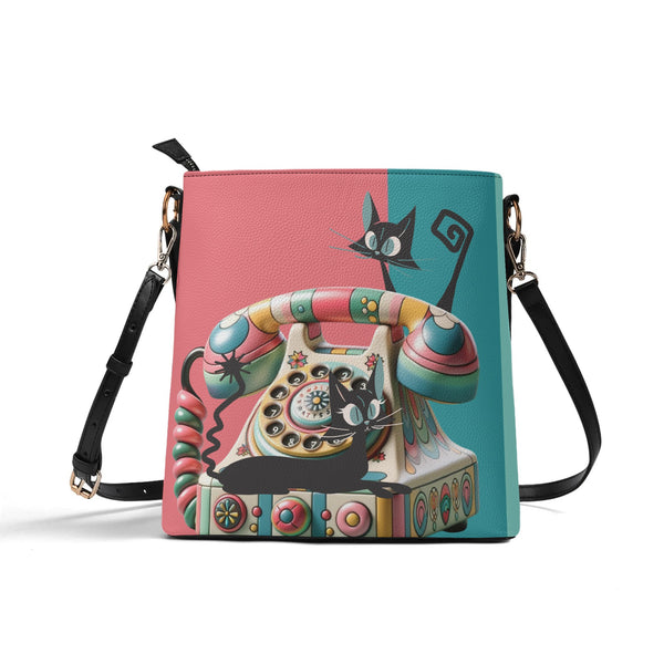 Atomic Cat Quirky Kitschy Retro Rotary Phone Bucket Bag
