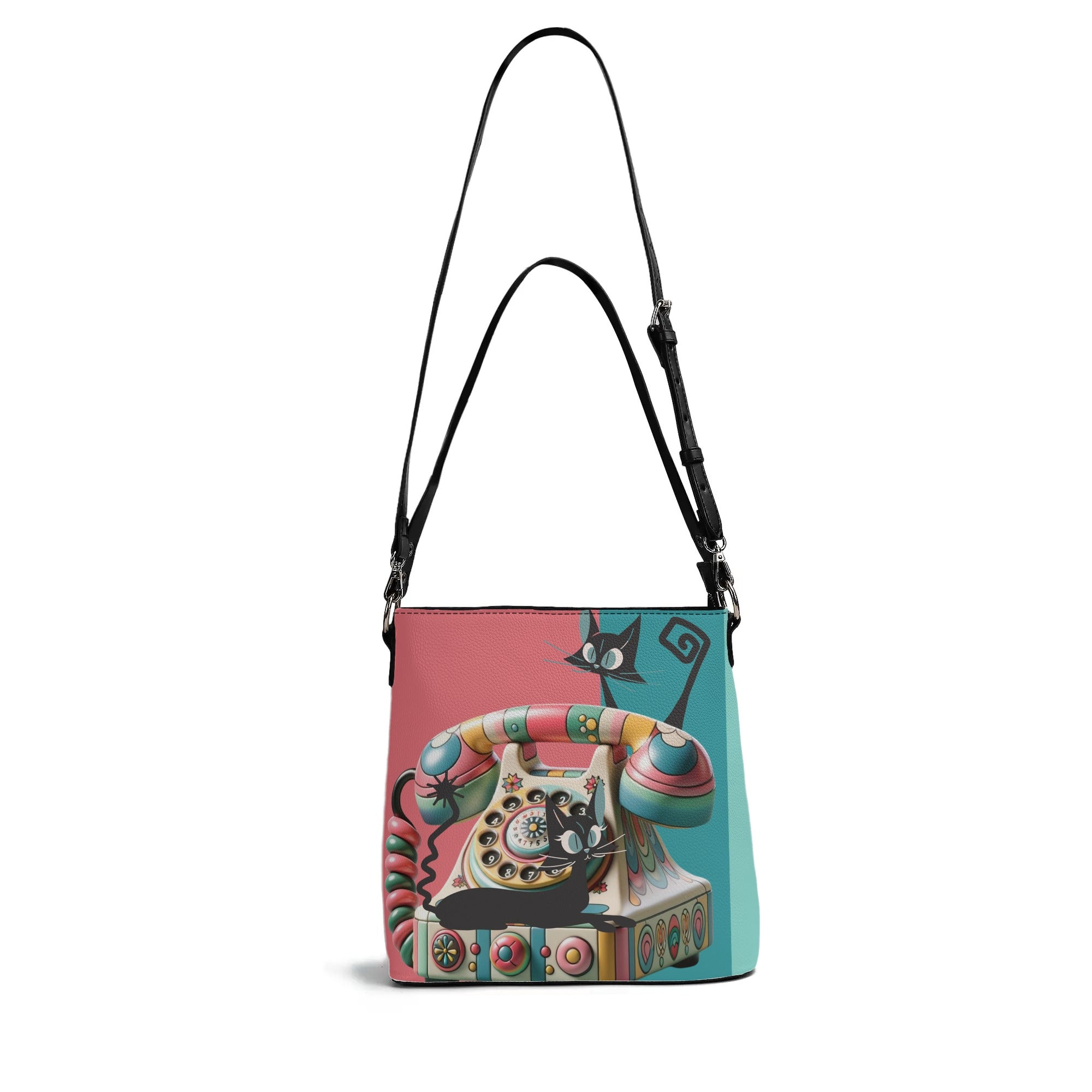Atomic Cat Quirky Kitschy Retro Rotary Phone Bucket Bag - Mid Century Modern Gal
