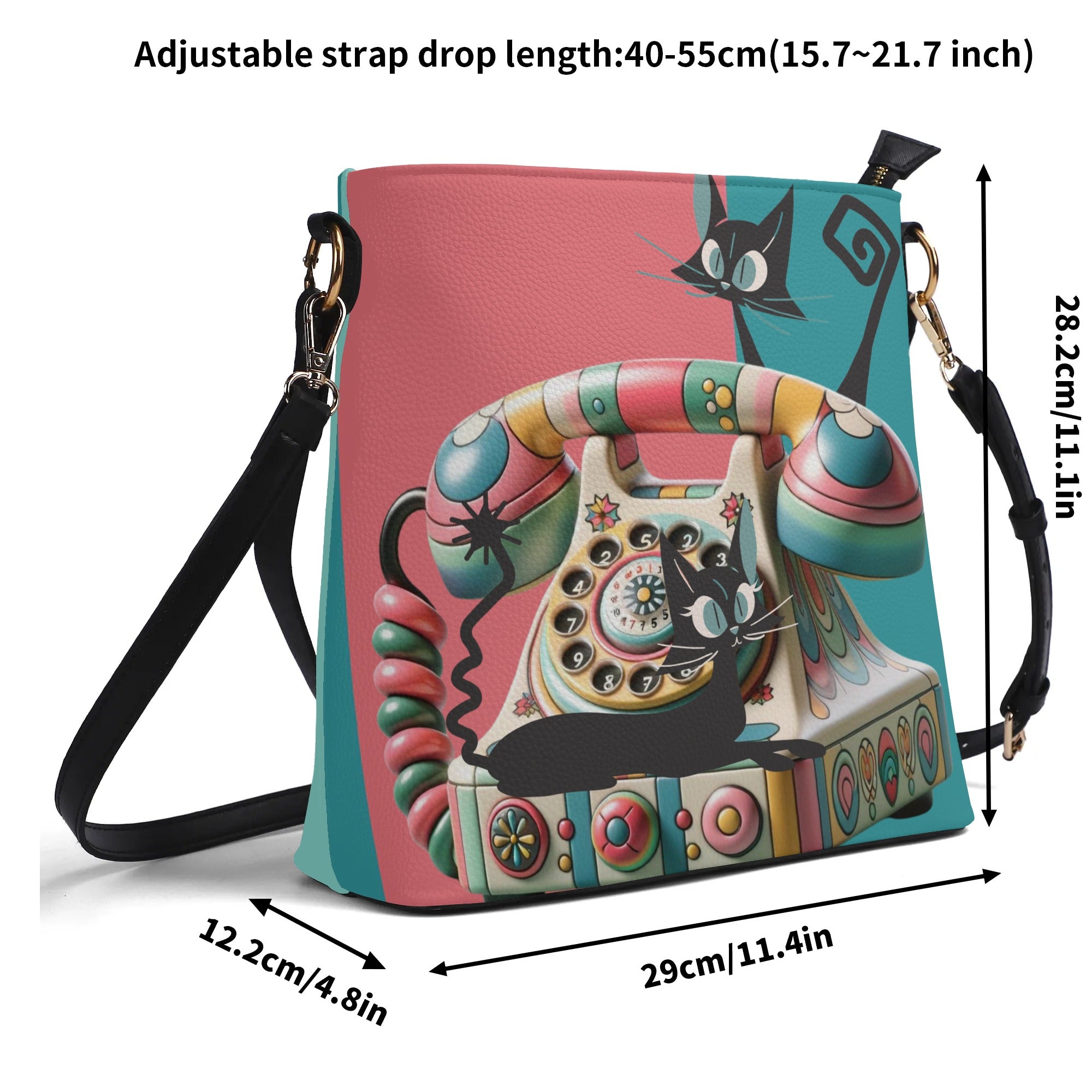 Atomic Cat Quirky Kitschy Retro Rotary Phone Bucket Bag - Mid Century Modern Gal