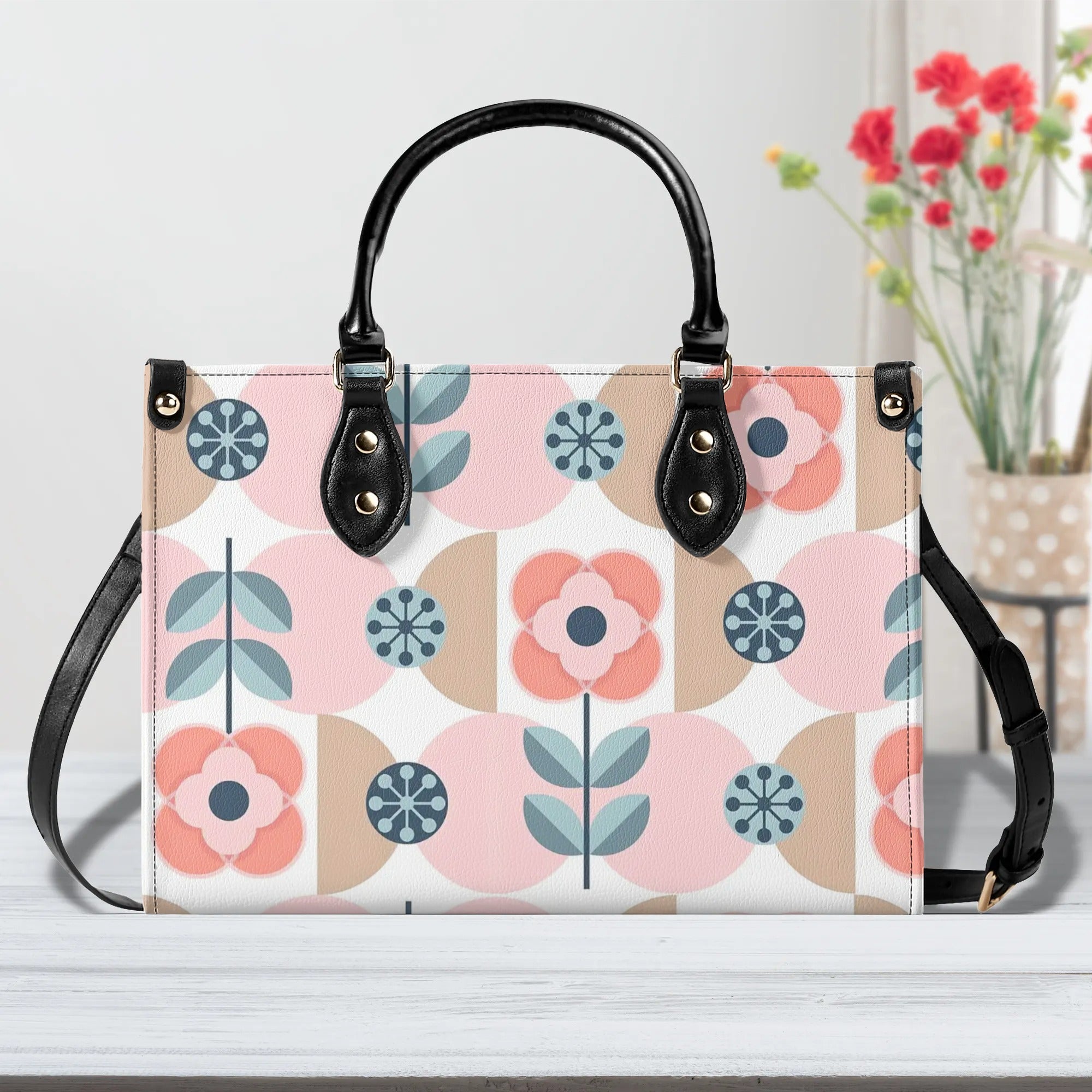Designer Handbag With Scandinavian Pink, Blue Retro Floral, Mod Summer Handbag - Mid Century Modern Gal