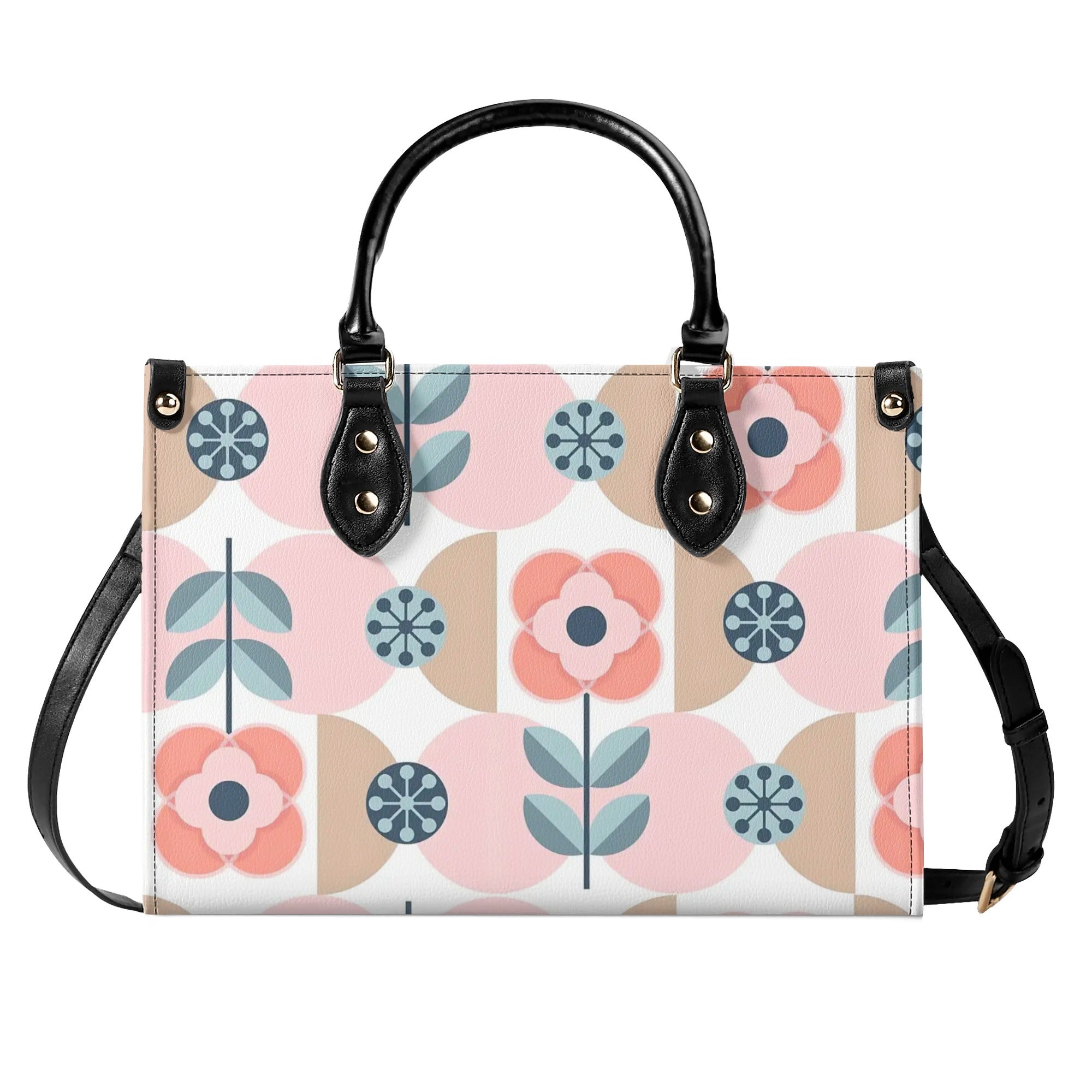 Designer Handbag With Scandinavian Pink, Blue Retro Floral, Mod Summer Handbag - Mid Century Modern Gal